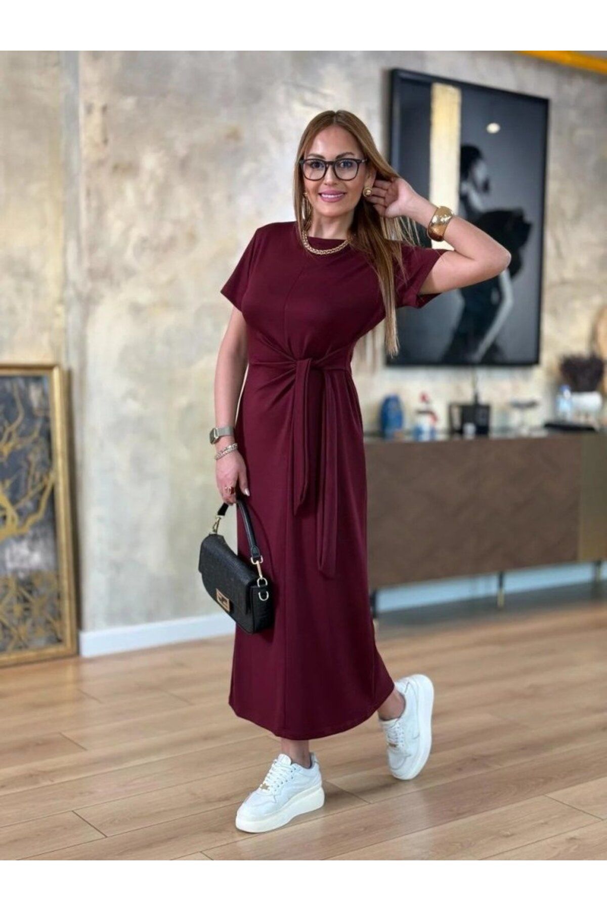 ARUZ MODA Kadın Kısa Kollu Bisiklet Yaka Yandan Bağlamalı Viskon Iki Iplik Elbise