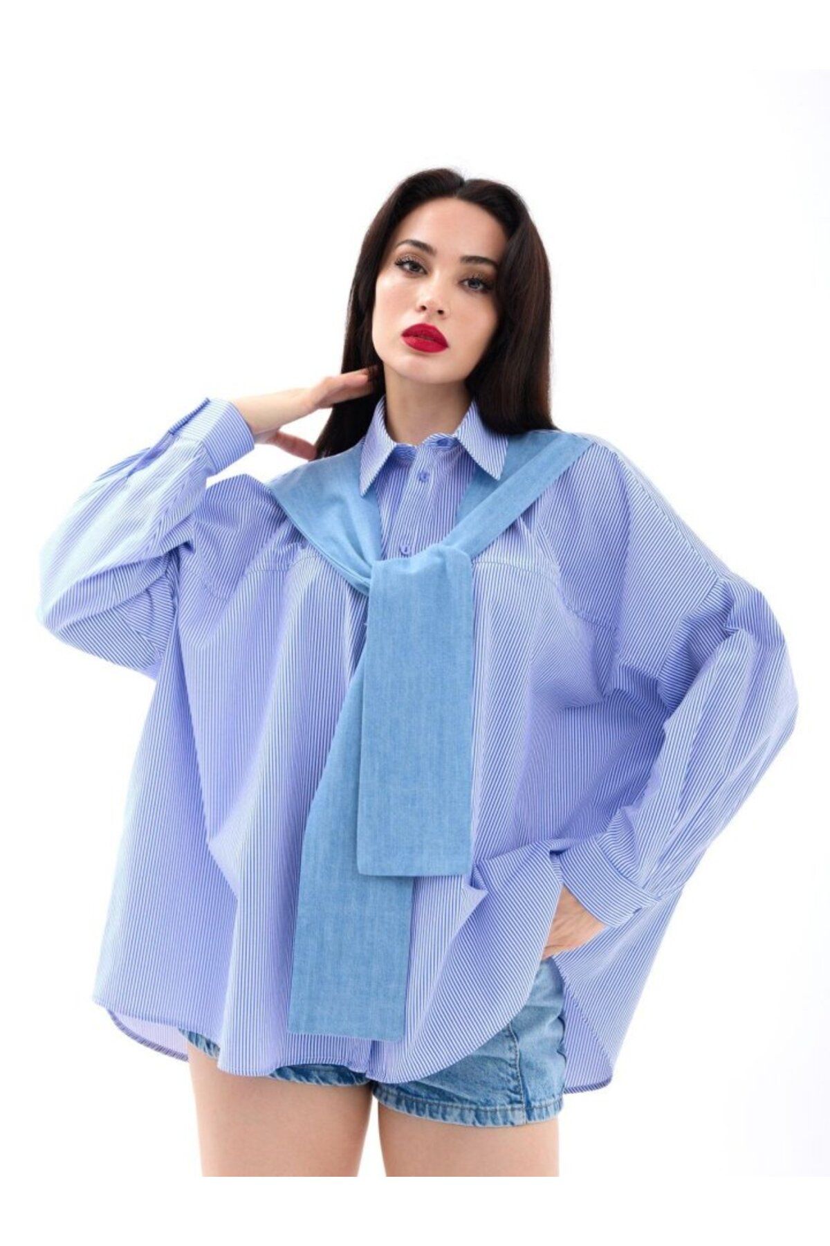 ARUZ MODA 7074 GÖMLEK-MAVİ BEYAZ ÇİZGİLİ