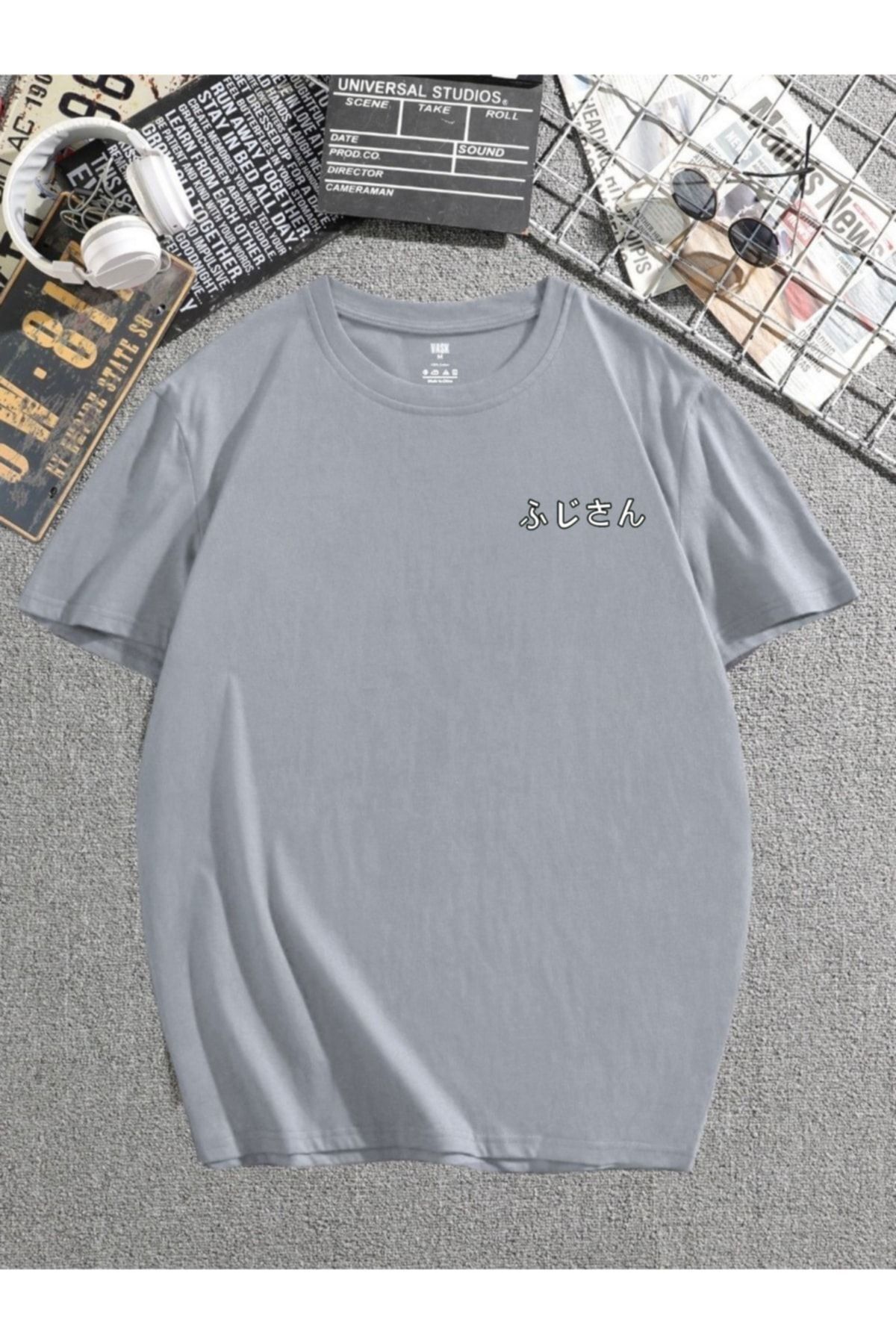 DUBU BUTİK Mount Fuji Baskılı Boyalı Gri T-shirt Oversize Unisex
