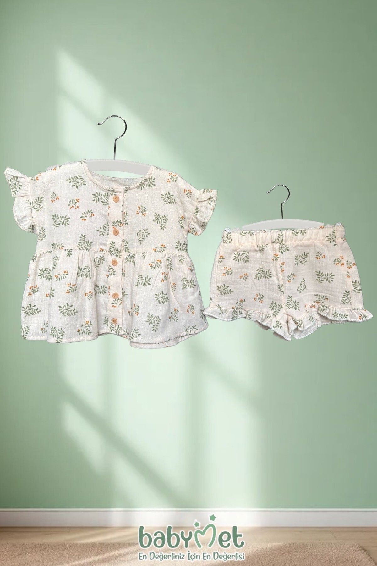Babymet %100 Pamuk Müslin Kız Bebek Alt-Üst İkili Takım - Çiçek Desenli - Yumuşak, Doğal ve Rahat