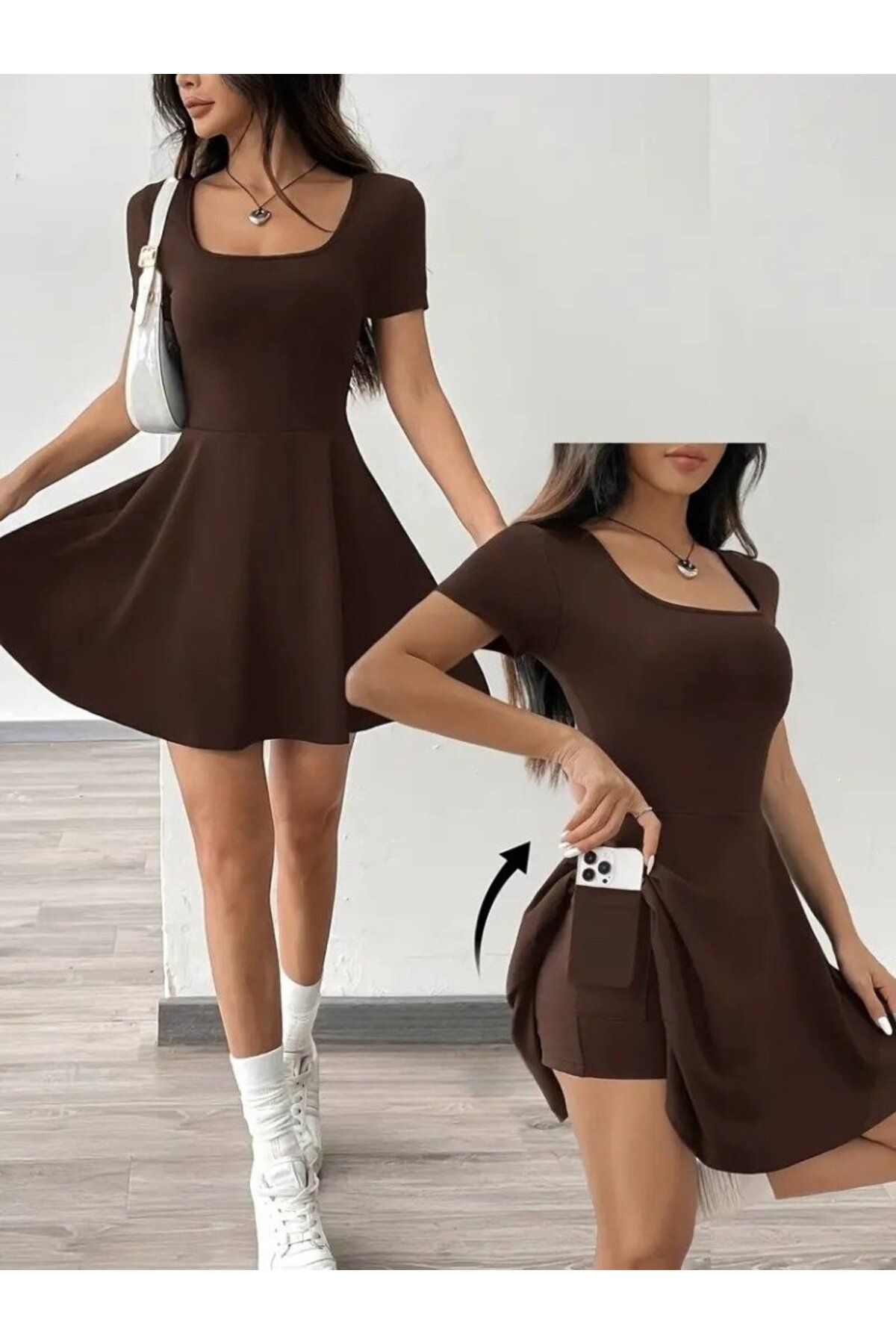 ARUZ MODA Kadın Kısa Kollu Kare Yaka Short Detaylı Cepli Dalgıç Elbise