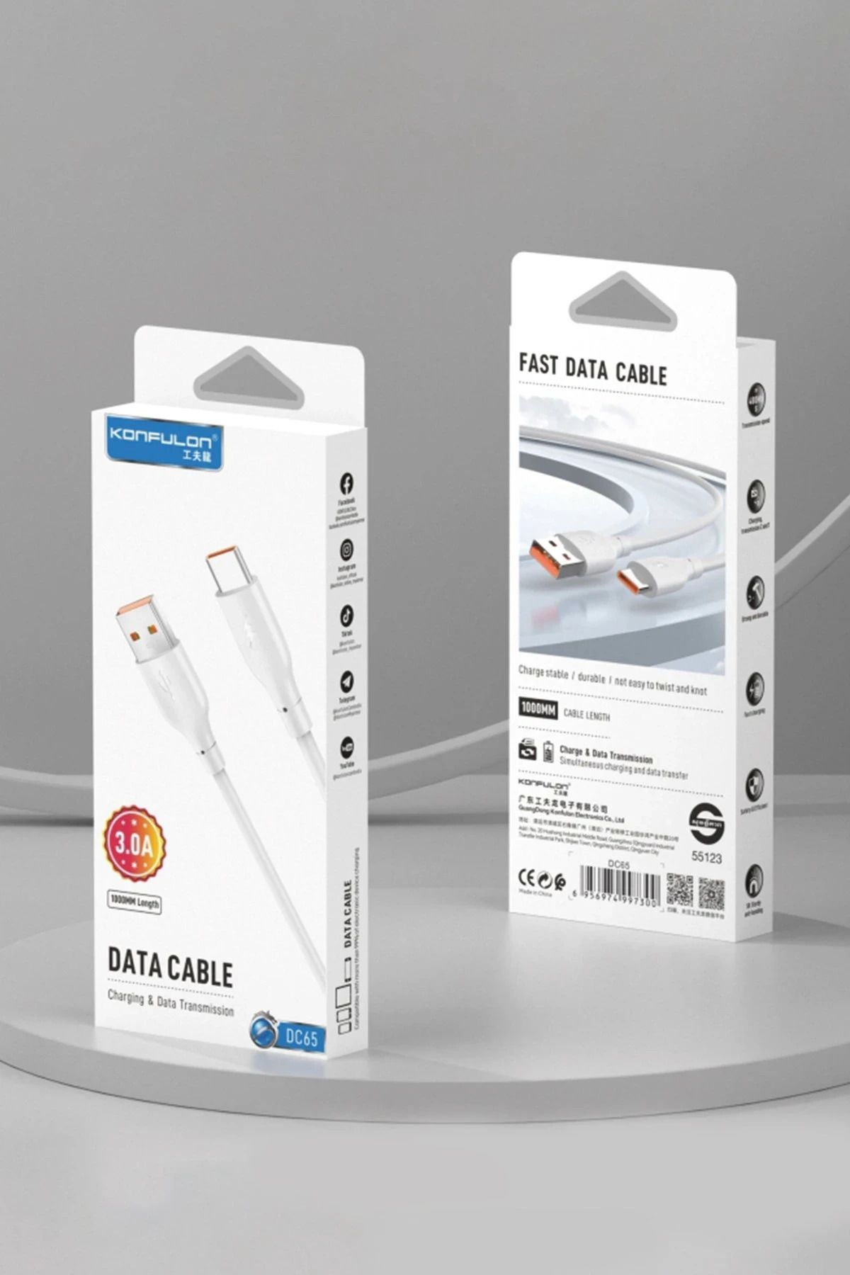 Konfulon DC65 USB to Type-C 1M 3.0A Hızlı Şarj Kablo - Beyaz BSTMY