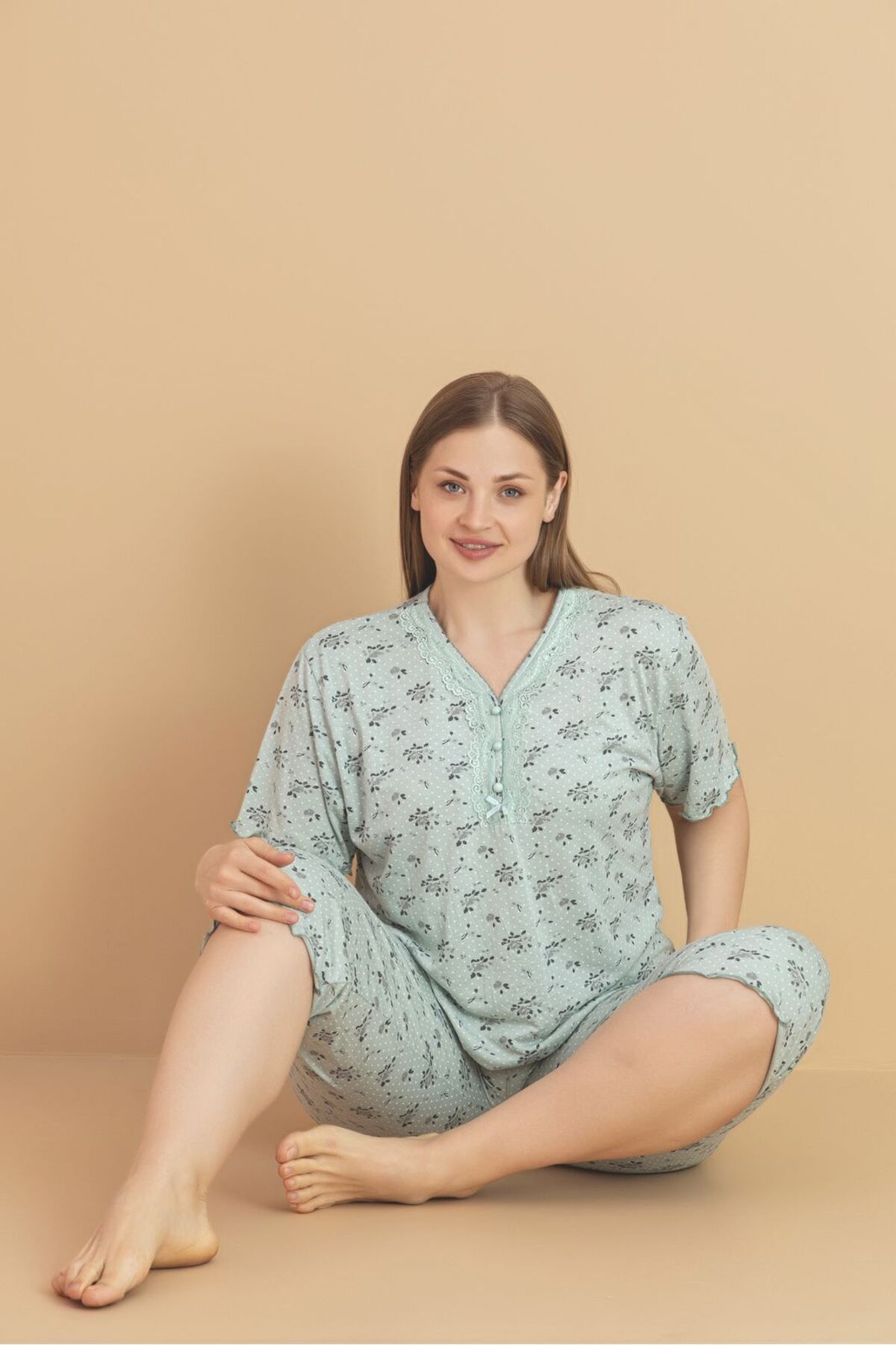 Temporium Kadın Büyük Beden Kısa Kollu Kapri Bambu Pijama Takımı
