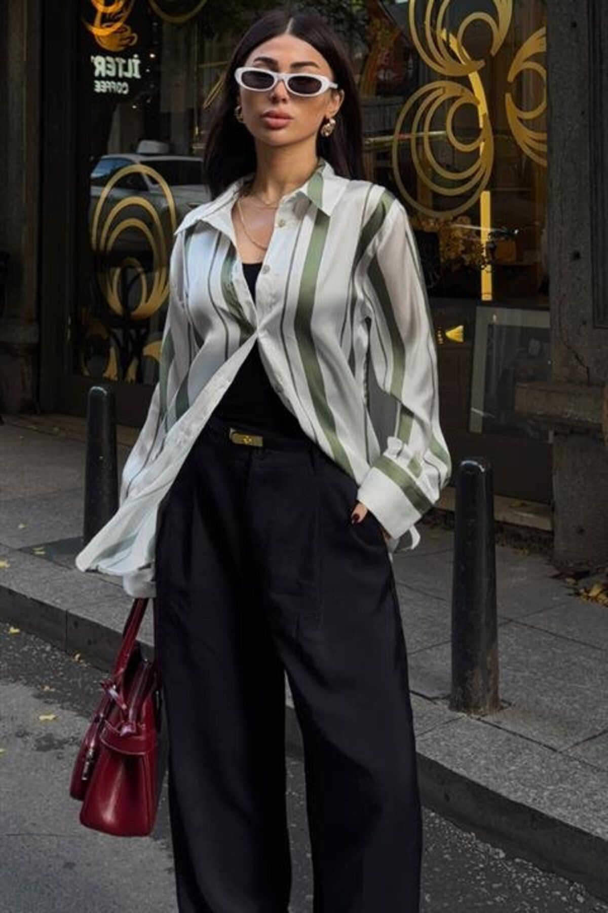ARUZ MODA Çift Çizgili Saten Gömlek 3416