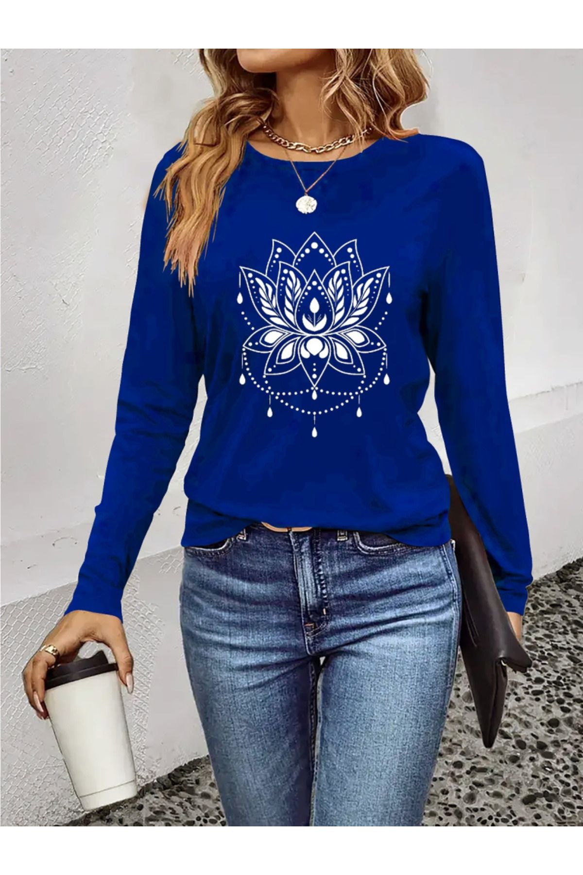 ARUZ MODA Kadın Uzun Kollu Bisiklet Yaka çiçek Desenli Viskon Bluz