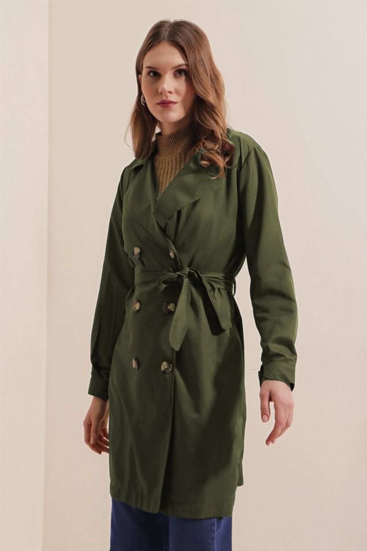 ARUZ MODA 5864 Kruvaze Yaka Kısa Trençkot - Haki
