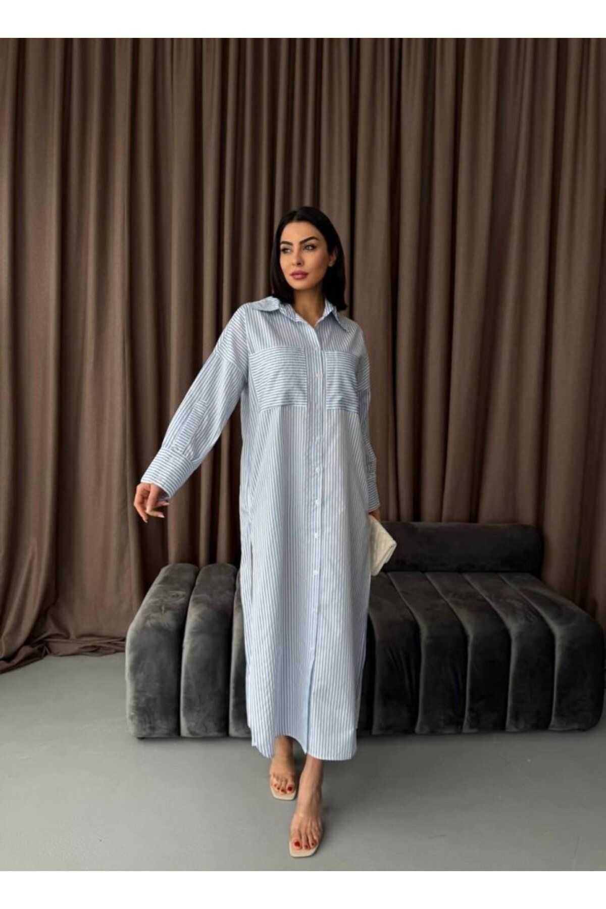 ARUZ MODA Çizgili Midi Gömlek Elbise