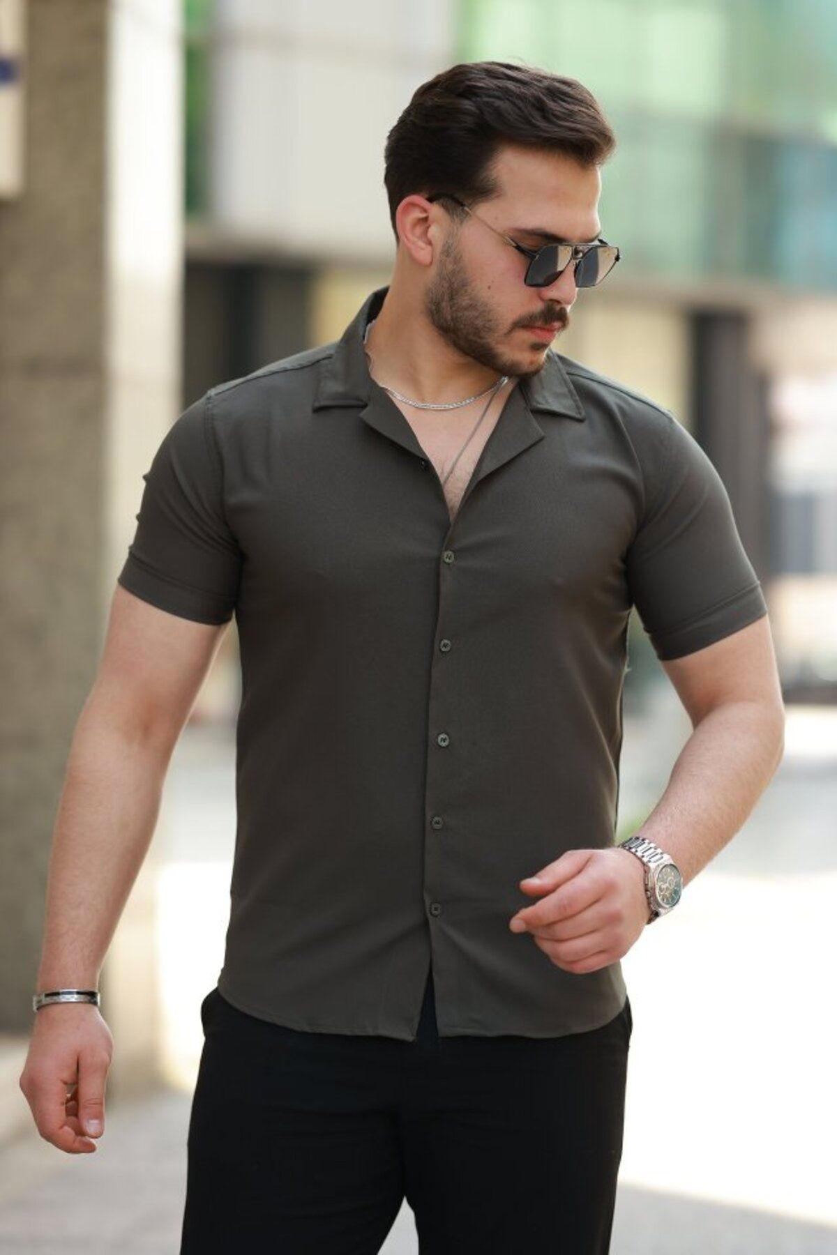ARUZ MODA Erkek Apaj Yaka Kısa Kollu Gömlek
