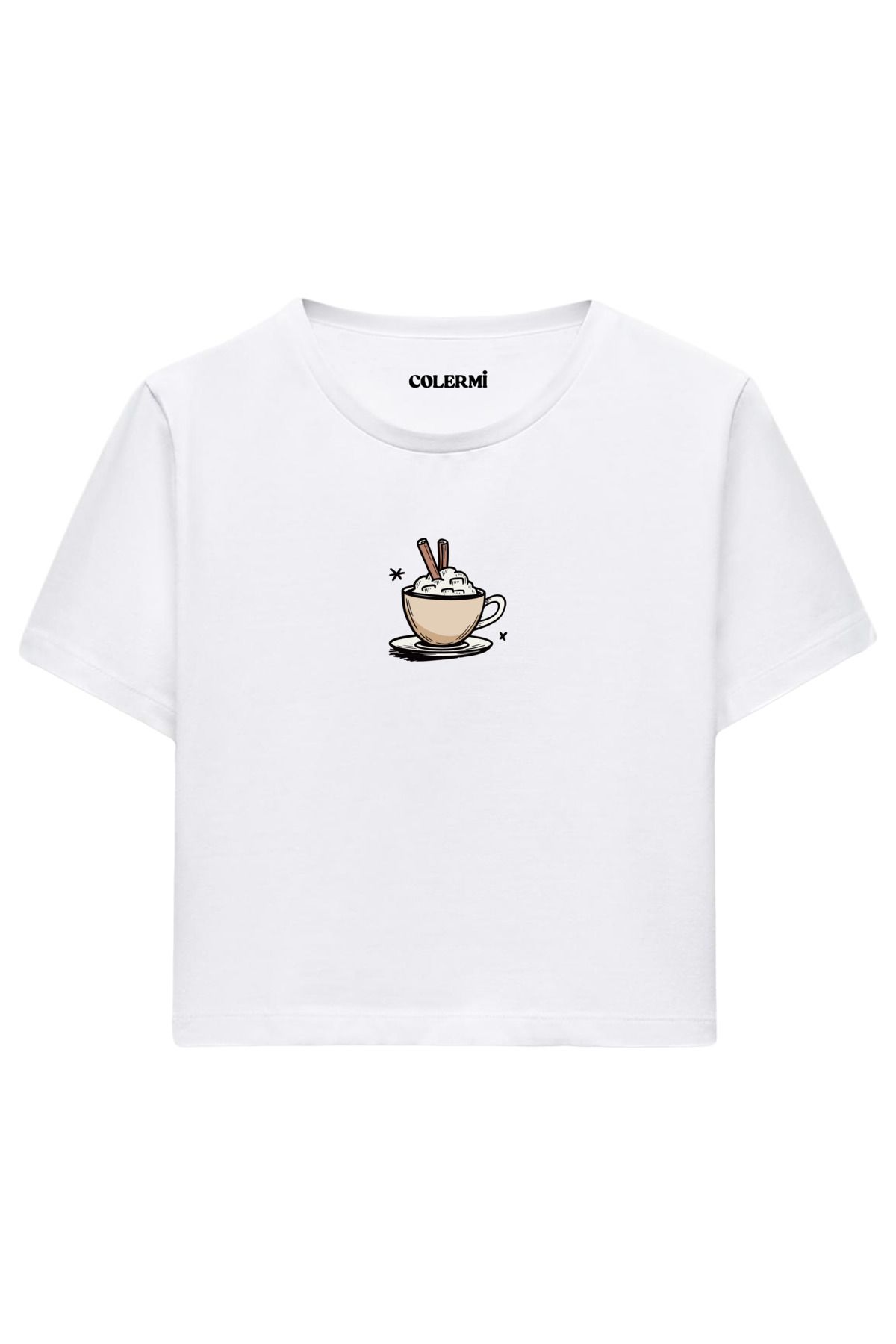 Colermi Kahve Fincanı Baskılı %100 Pamuk Kadın Crop Tshirt