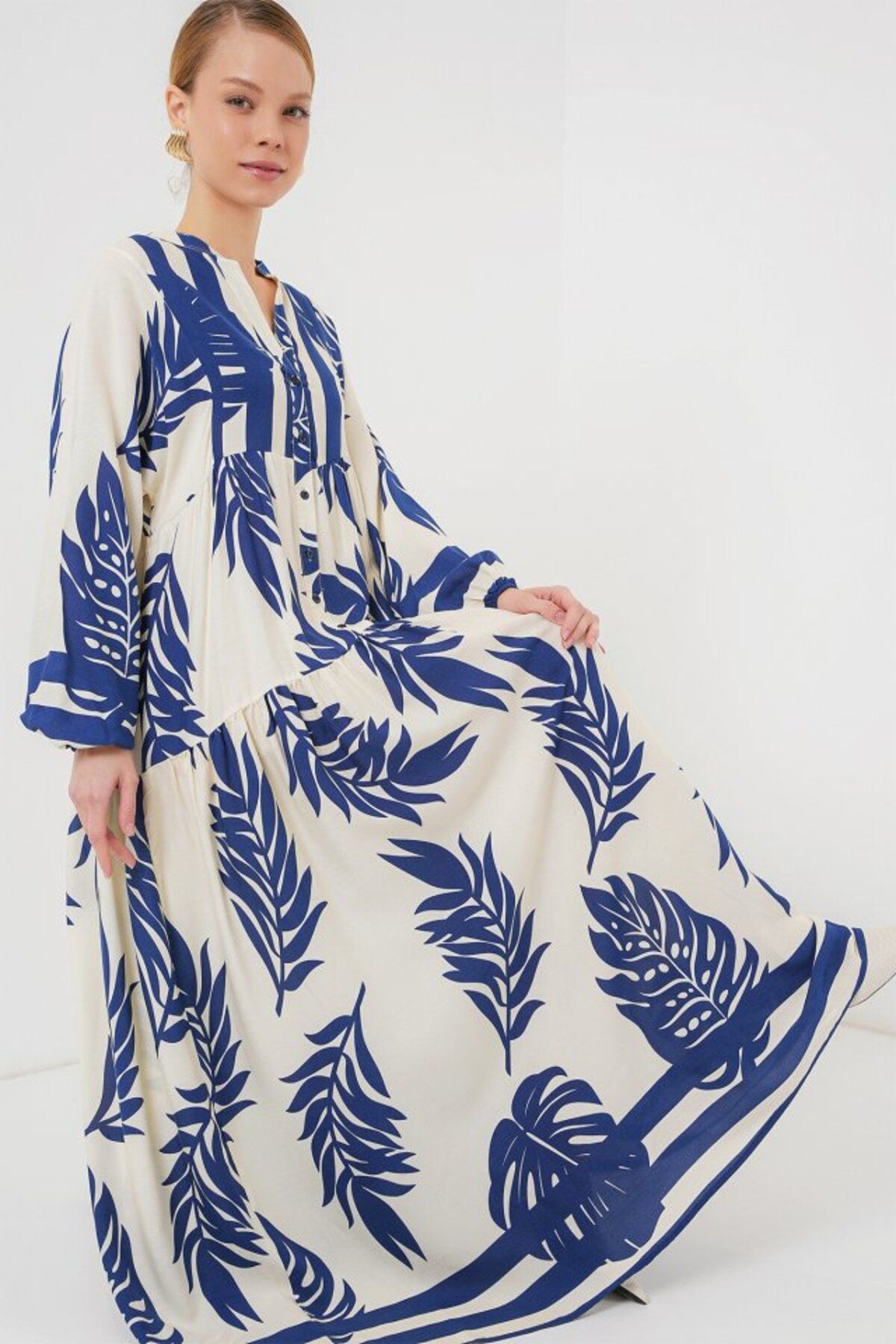 ARUZ MODA 2423 Otantik Desenli Tesettür Elbise - Lacivert 0