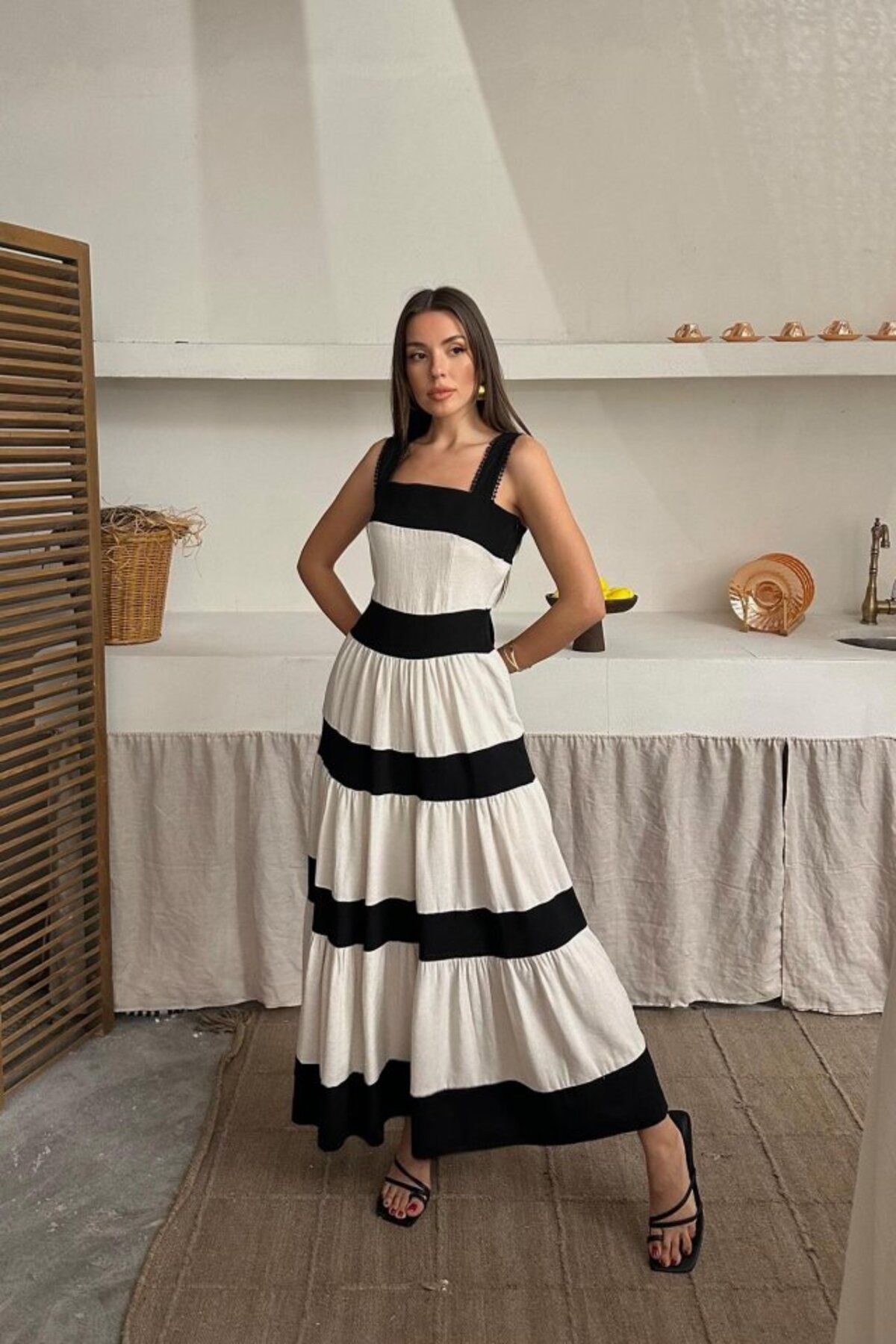 ARUZ MODA Bej Arkası Fiyonklu Keten Elbise