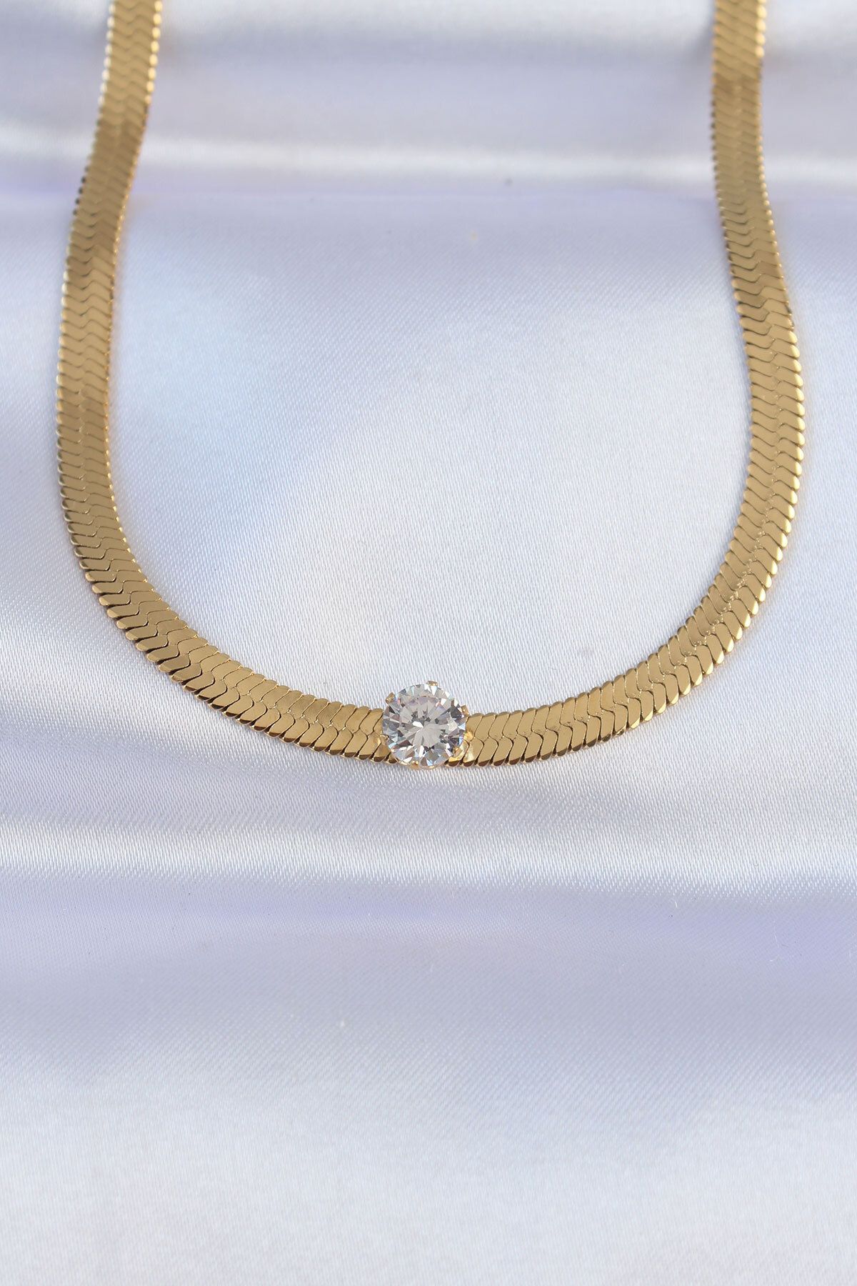 MMB Boutique 316L Çelik Gold Renk Tek Zirkon Taşlı İtalyan Zincir Kolye