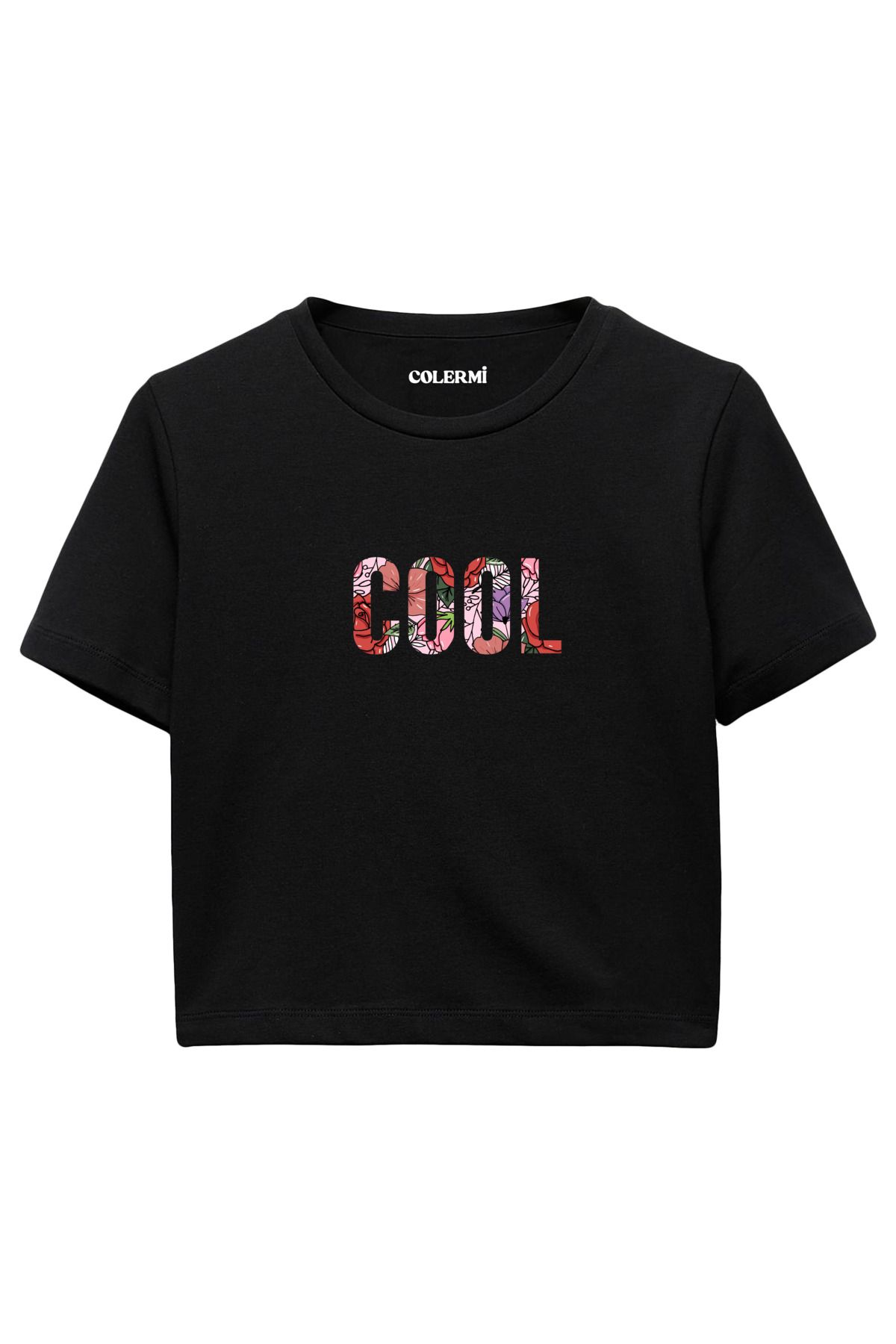 Colermi Çiçek Desenli COOL Yazılı %100 Pamuk Kadın Crop Tshirt