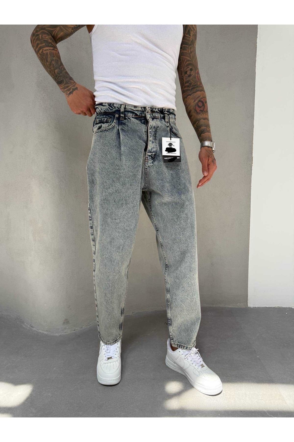 Denim Shorty Boyfriend Mavi Renk Asit Yıkamalı Pileli Kot Pantolon