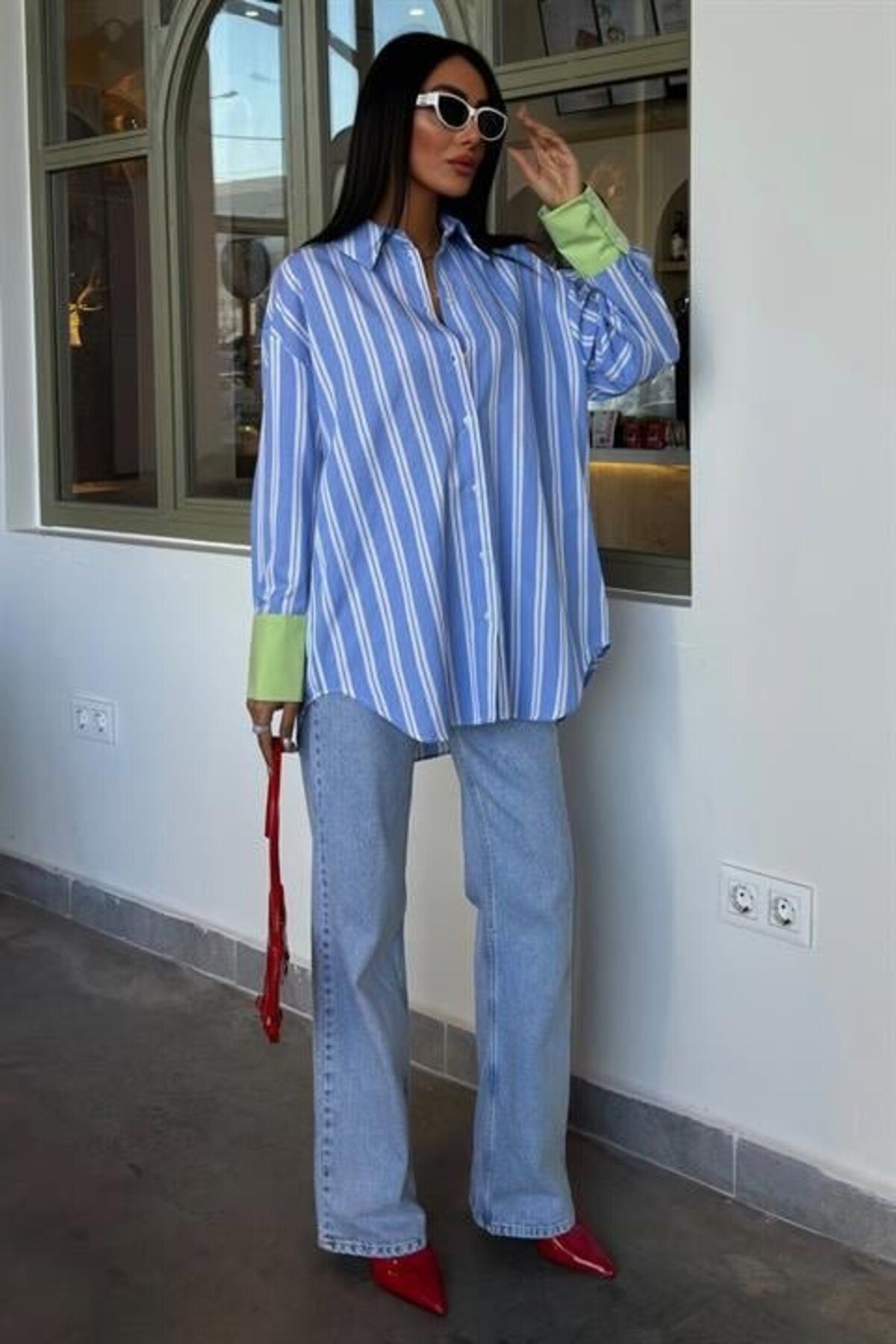 ARUZ MODA Kolu Manşet Detay Çizgili Oversize Gömlek 3405