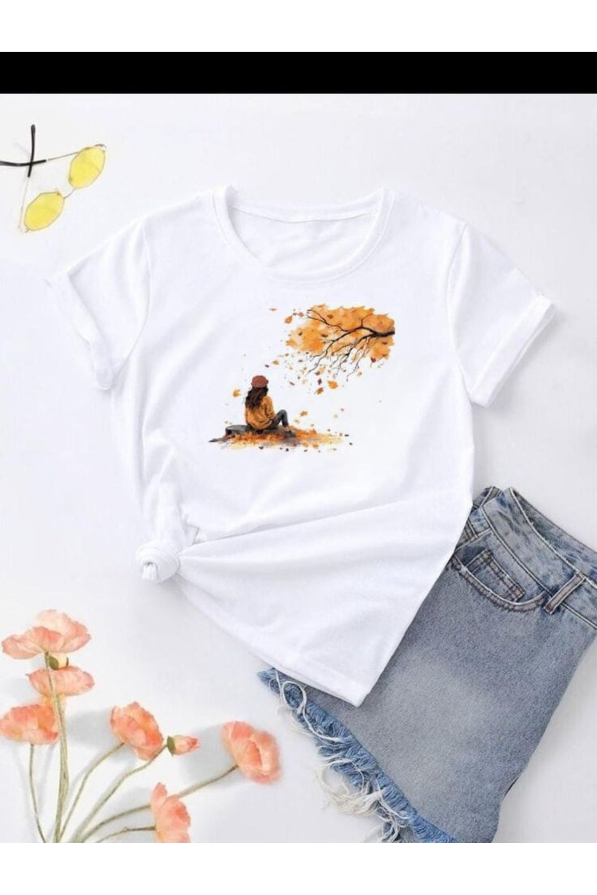 aynewmoda Kız Çocuk Ağaç Desenli Logo Kısa Kollu Yuvarlak Yaka Tişört