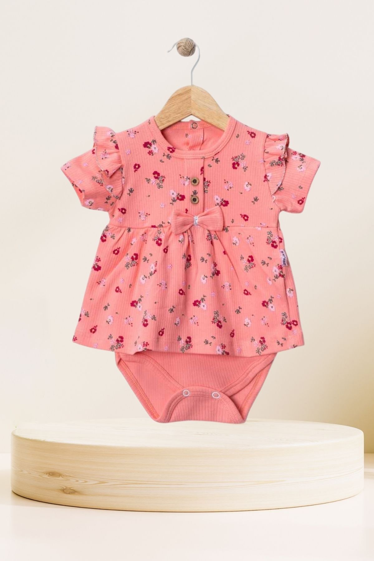 Baby s Breath Flower Piti Çiçek Desenli Kurdele Detaylı Düğmeli %100 Pamuk 9-12 Ay Kız Bebek Badi Zıbın