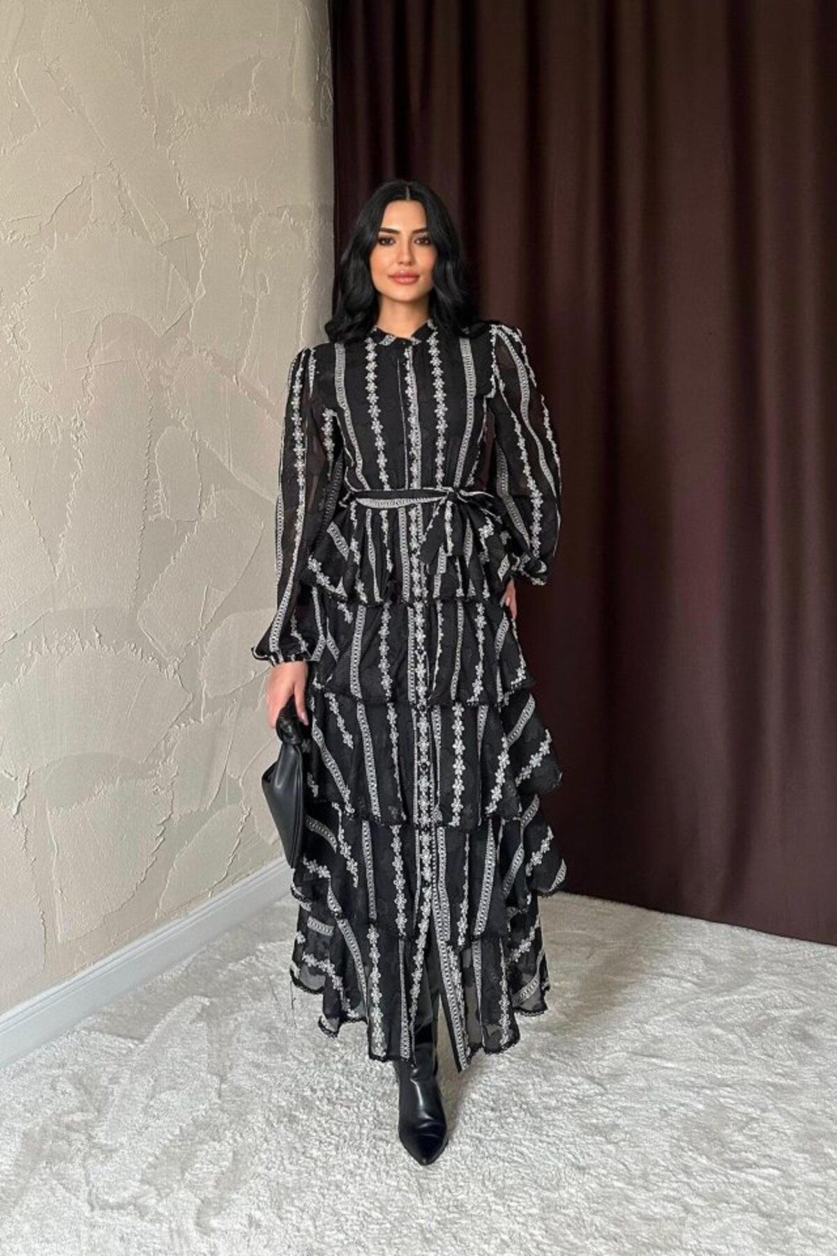 ARUZ MODA Siyah Uzun Volanlı Elbise