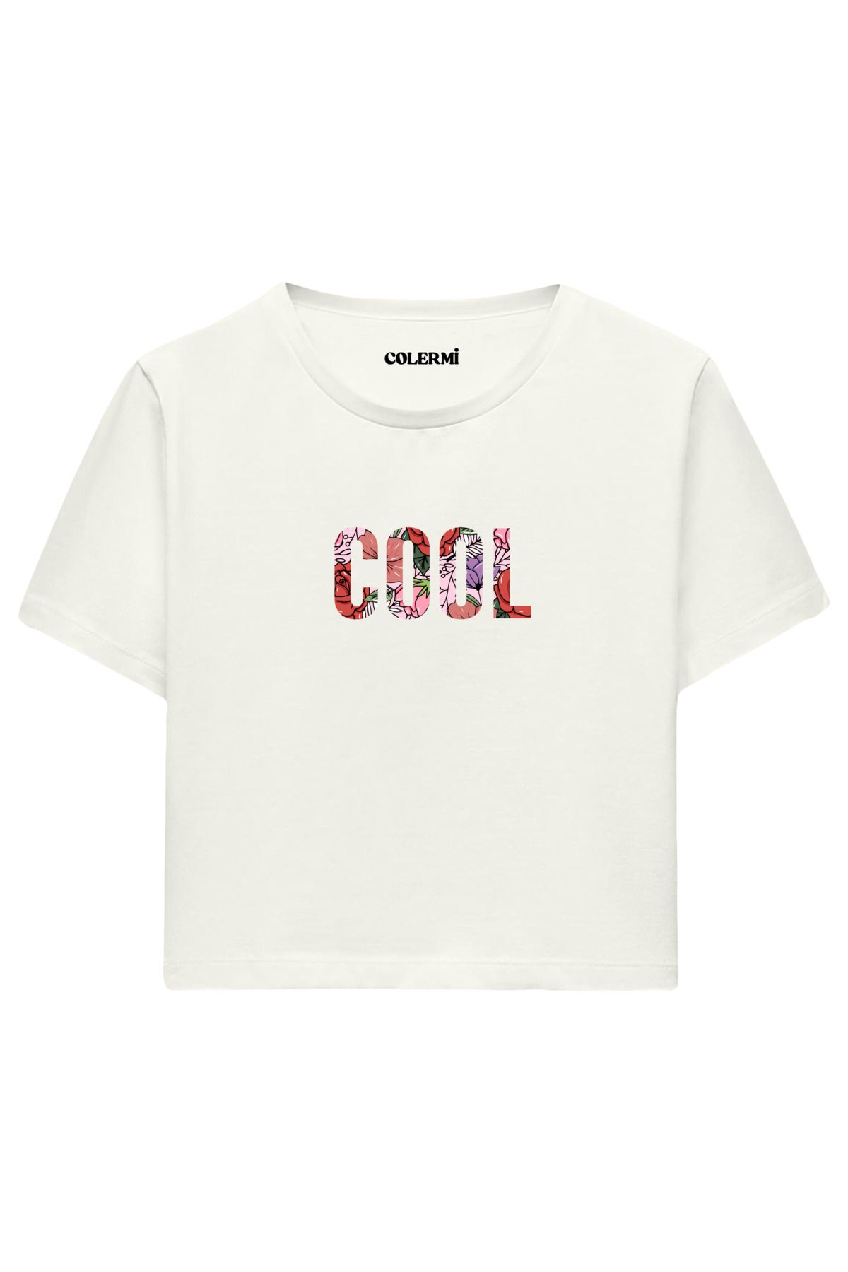 Colermi Çiçek Desenli COOL Yazılı %100 Pamuk Kadın Crop Tshirt