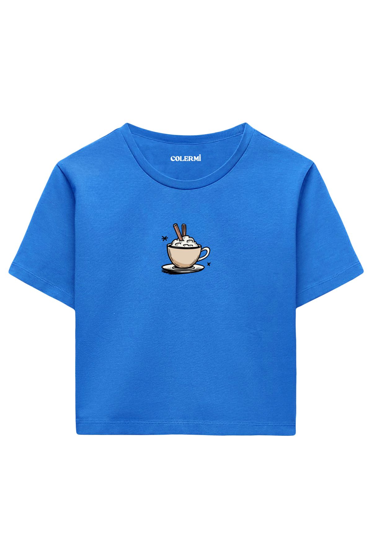 Colermi Kahve Fincanı Baskılı %100 Pamuk Kadın Crop Tshirt
