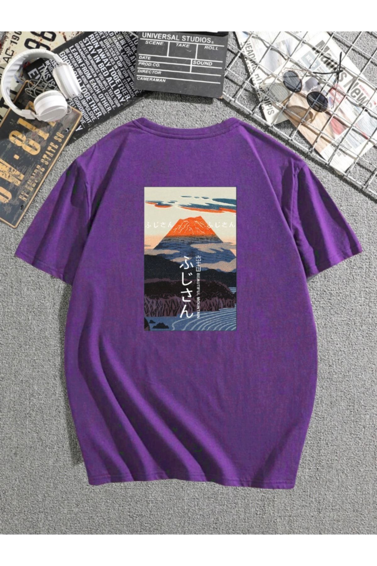 DUBU BUTİK Mount Fuji Baskılı Mor T-shirt Oversize Unisex