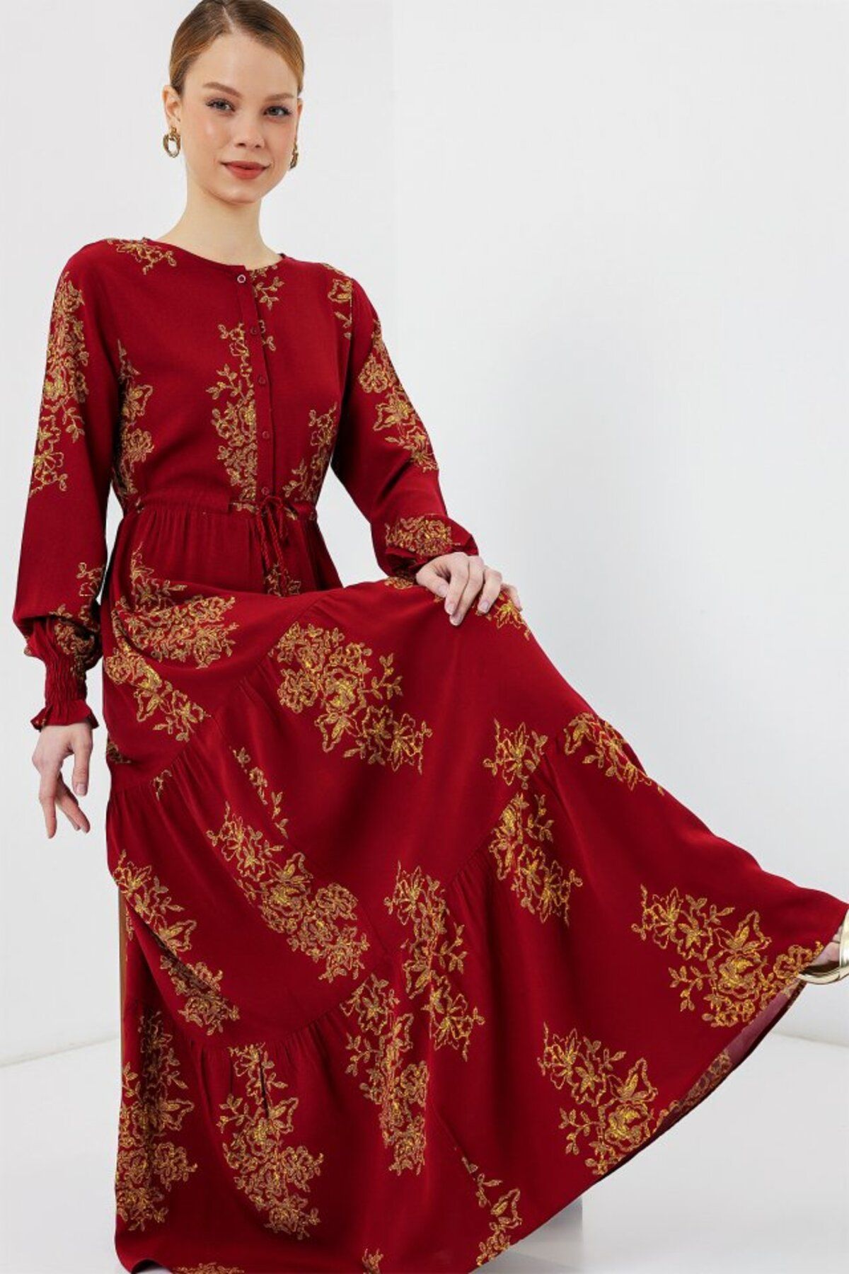 ARUZ MODA 2145 Desenli Tesettür Elbise - B.Kırmızı