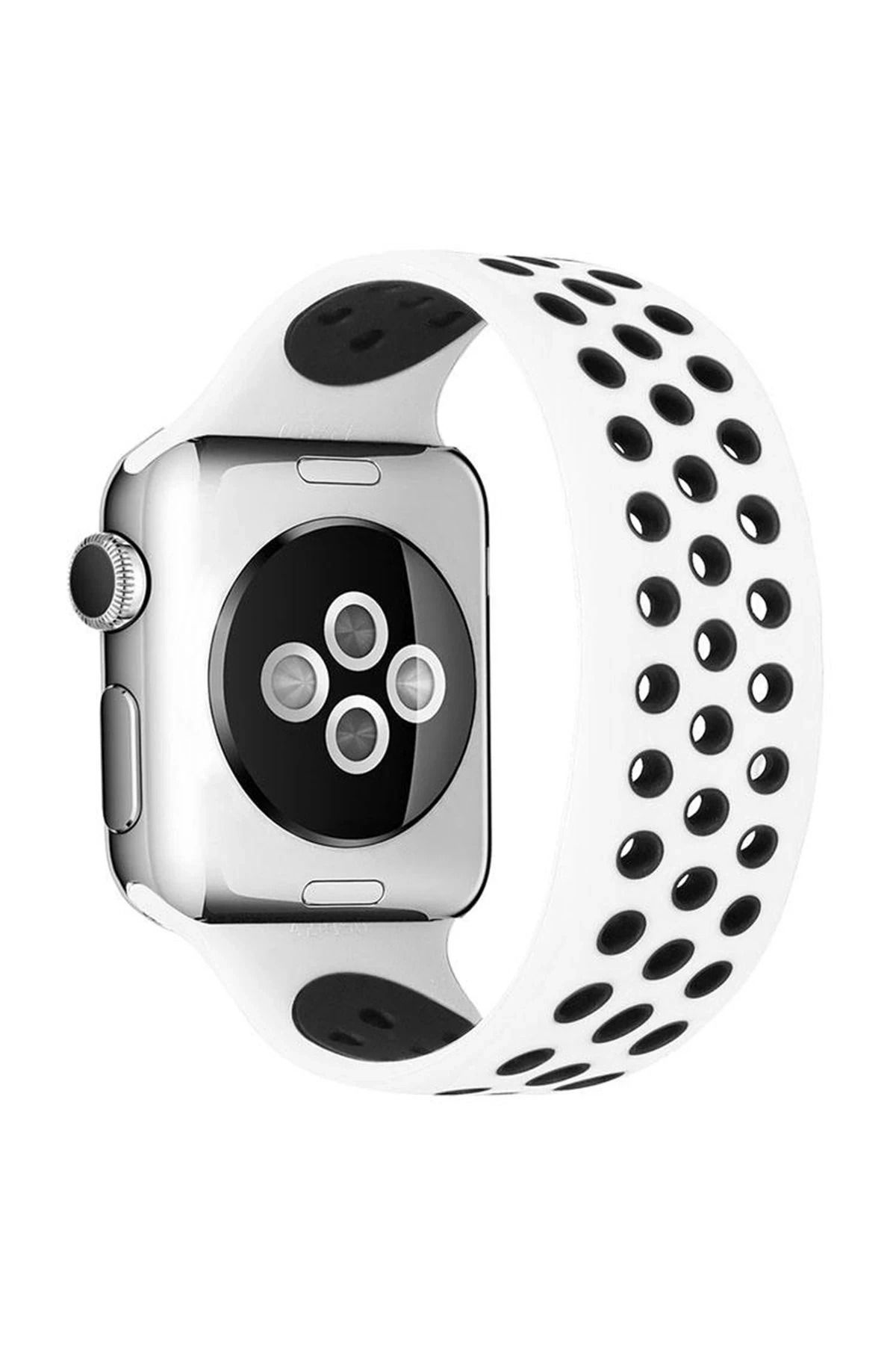 NewFace Apple Watch 42mm Ayarlı Delikli Silikon Kordon - Beyaz-Siyah BSTMY