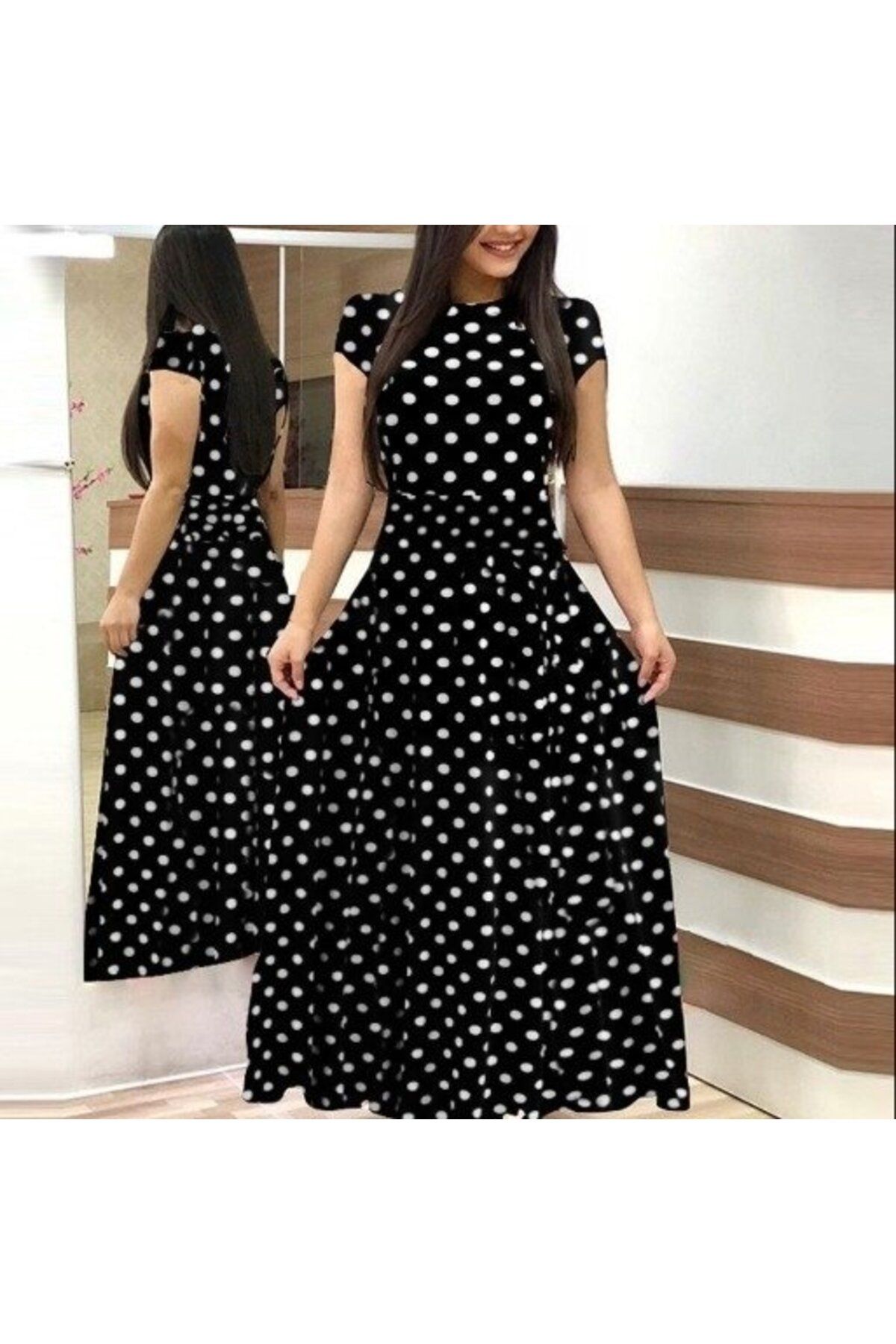ARUZ MODA Kadın Kısa Kollu Bisiklet Yaka Puantiyeli Maksi örme Krep Elbise