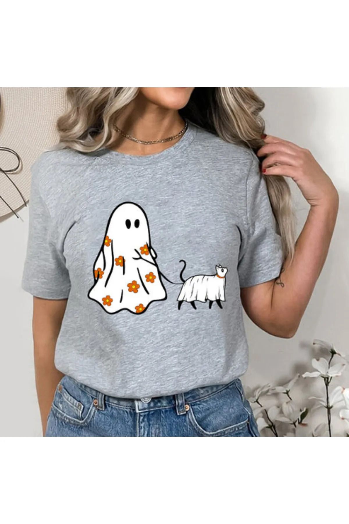 FeaR LeeS Hayalet ve Kedi Baskılı Oversize T-shirt