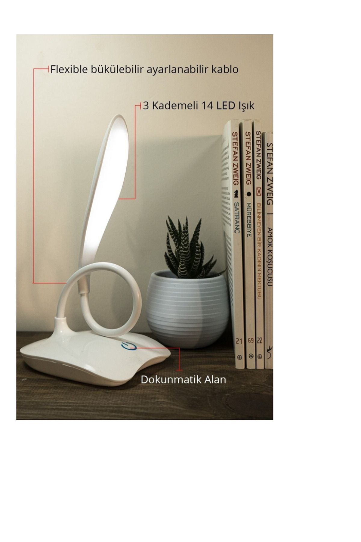 Ceyden Şarjlı Dokunmatik Masa Lambası 3 Kademeli Okuma Işığı 360 Derece Oynar Başlıklı Beyaz LED