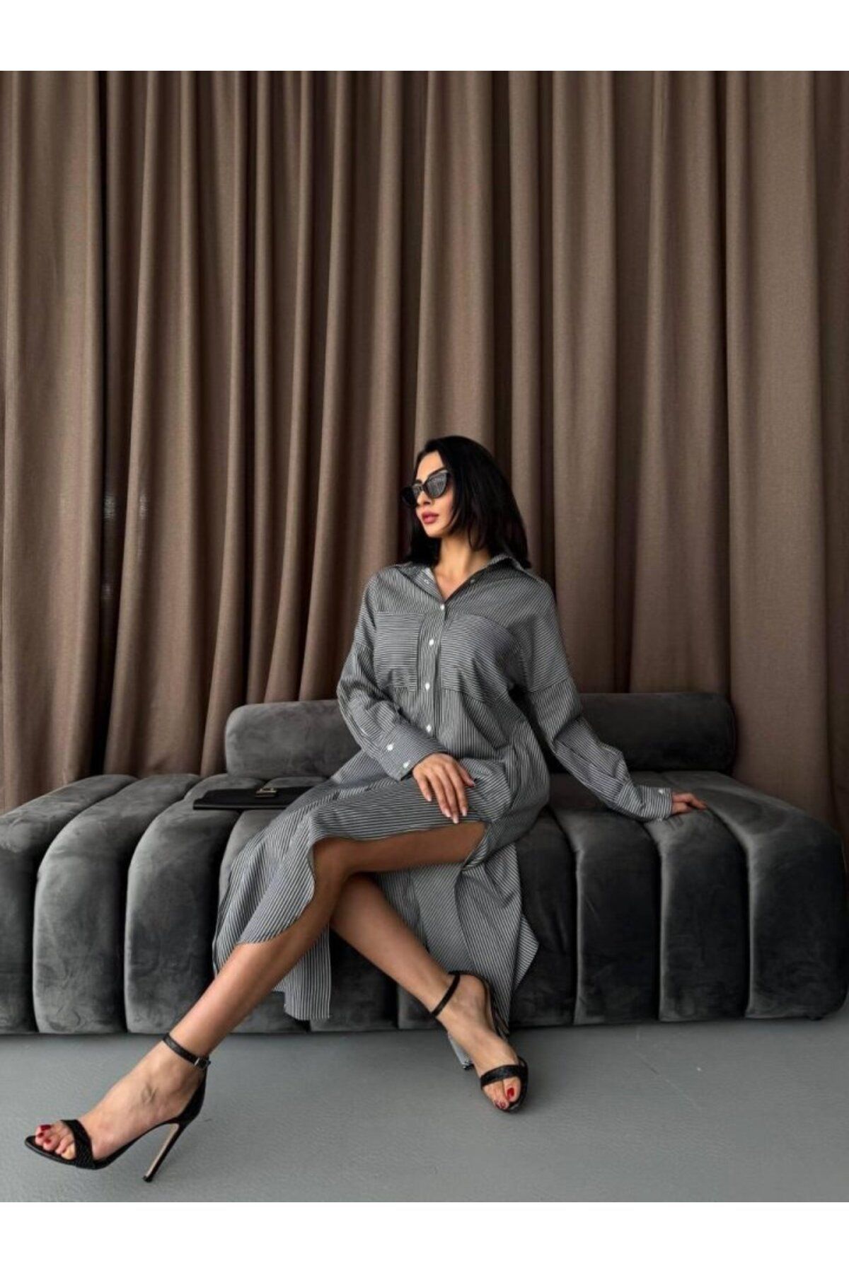 ARUZ MODA Çizgili Midi Gömlek Elbise
