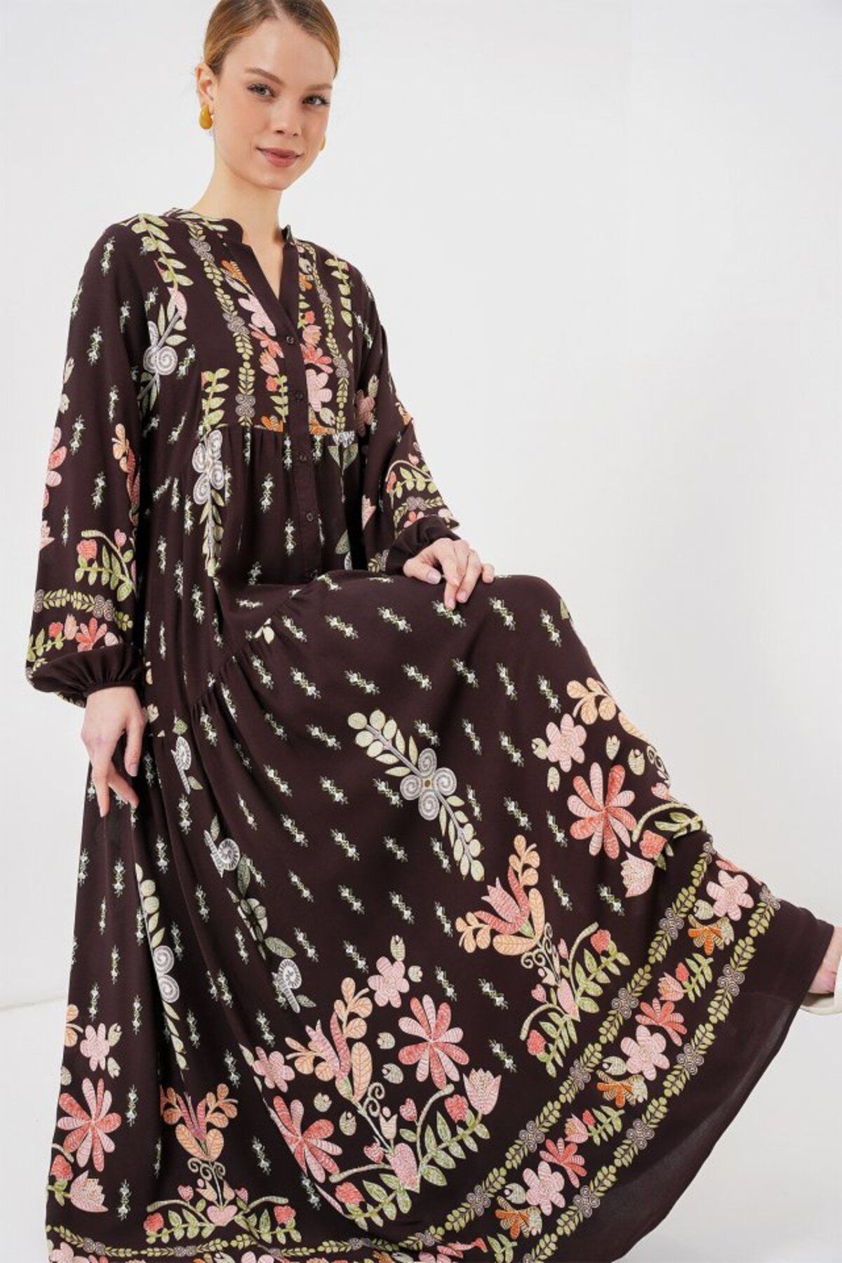 ARUZ MODA 2423 Otantik Desenli Tesettür Elbise - I. Kahverengi