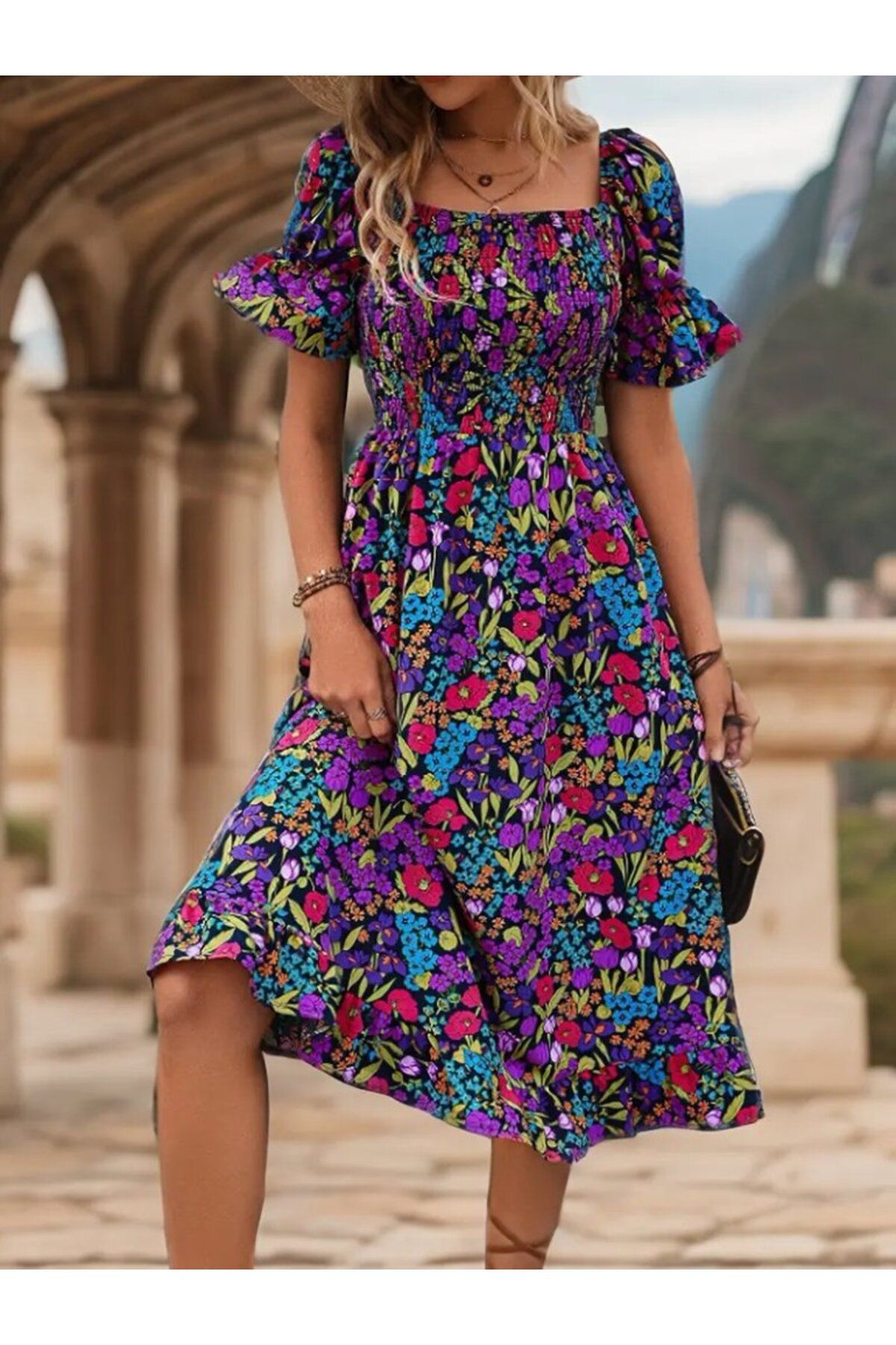 ARUZ MODA Kadın Kısa Kollu Kare Yakalı Beli Lastikli çiçek Desenli Mini Süprem Elbise