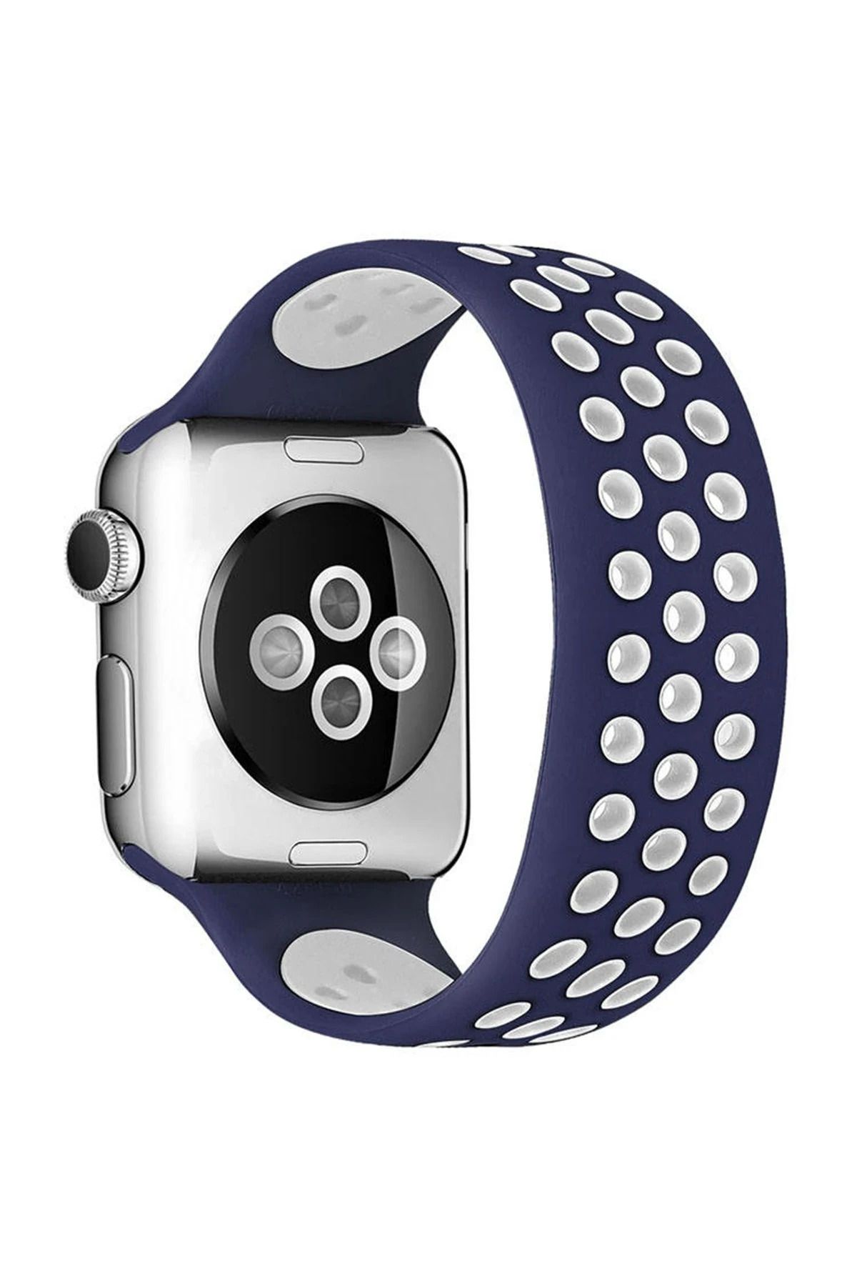 NewFace Apple Watch 42mm Ayarlı Delikli Silikon Kordon - Lacivert-Beyaz DPMAH