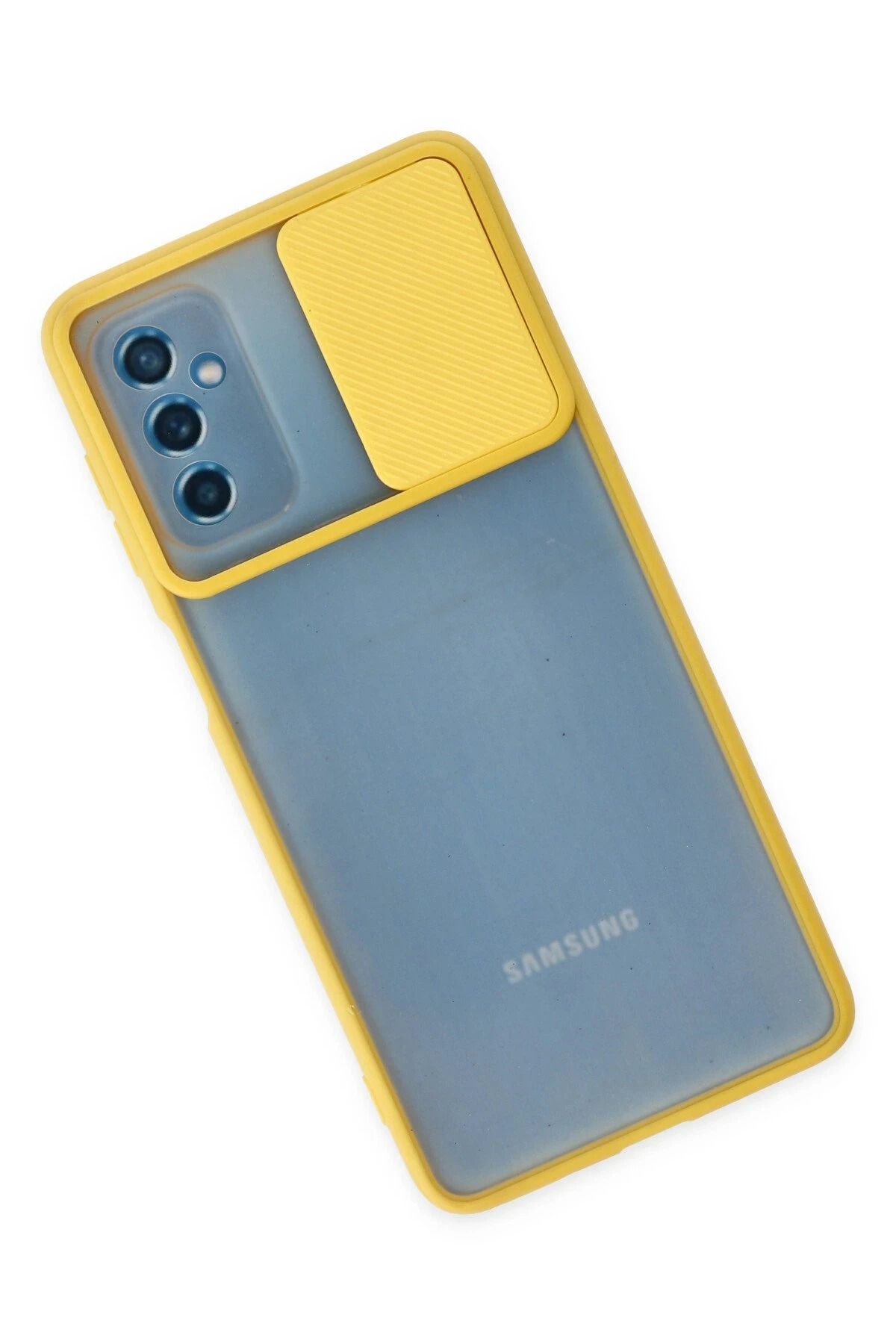 NewFace Samsung Galaxy M52 5G Kılıf Palm Buzlu Kamera Sürgülü Silikon - Sarı BSTMY