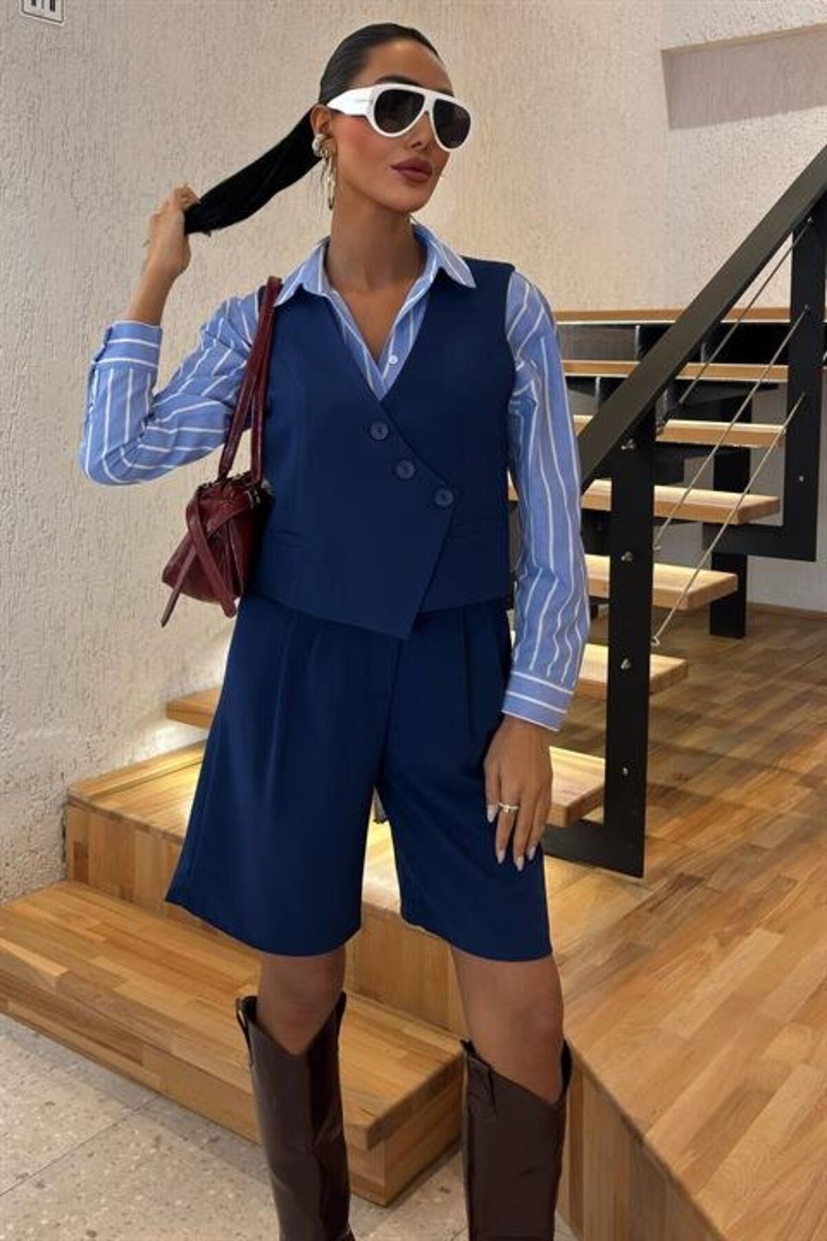 ARUZ MODA Çapraz Düğmeli Ve Bermuda Şortlu Yelekli Takım 10171