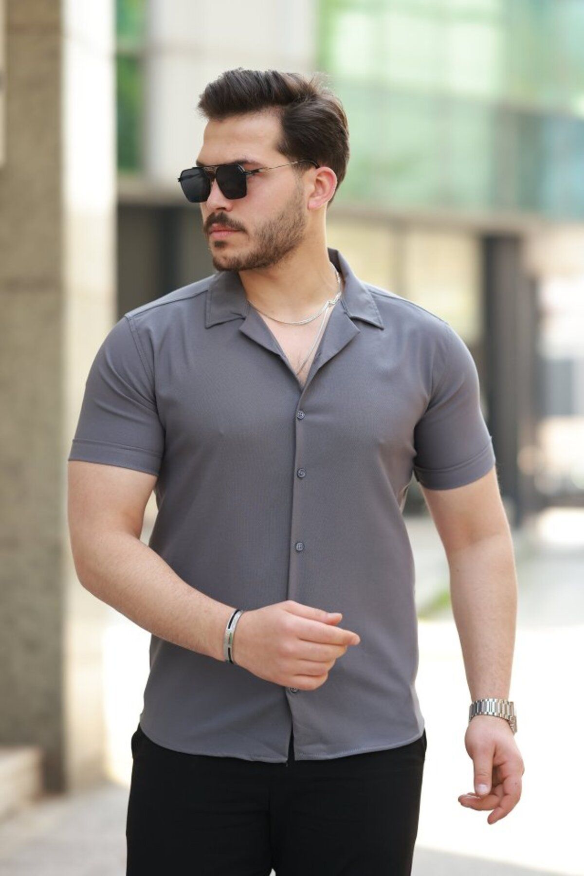 ARUZ MODA Erkek Apaj Yaka Kısa Kollu Gömlek