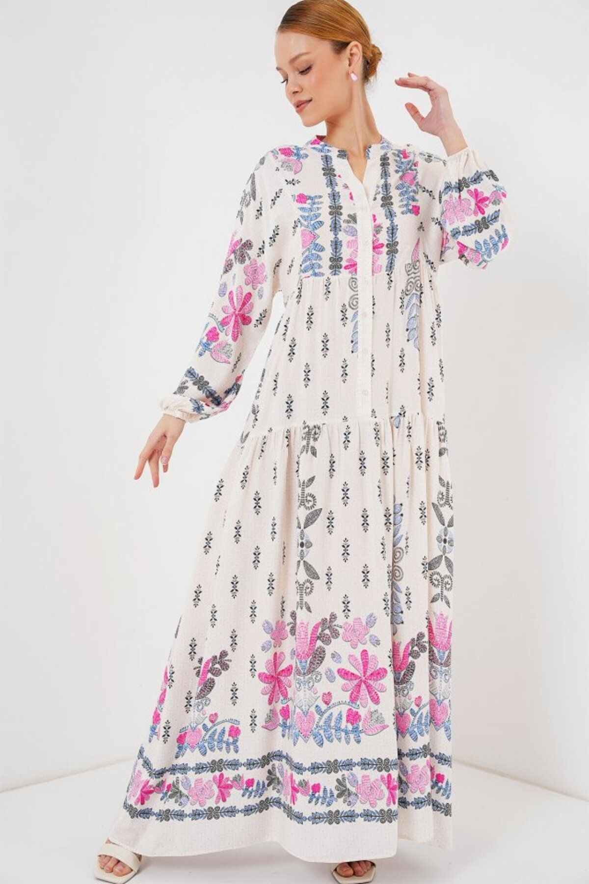 ARUZ MODA 2423 Otantik Desenli Tesettür Elbise - C. Pembe