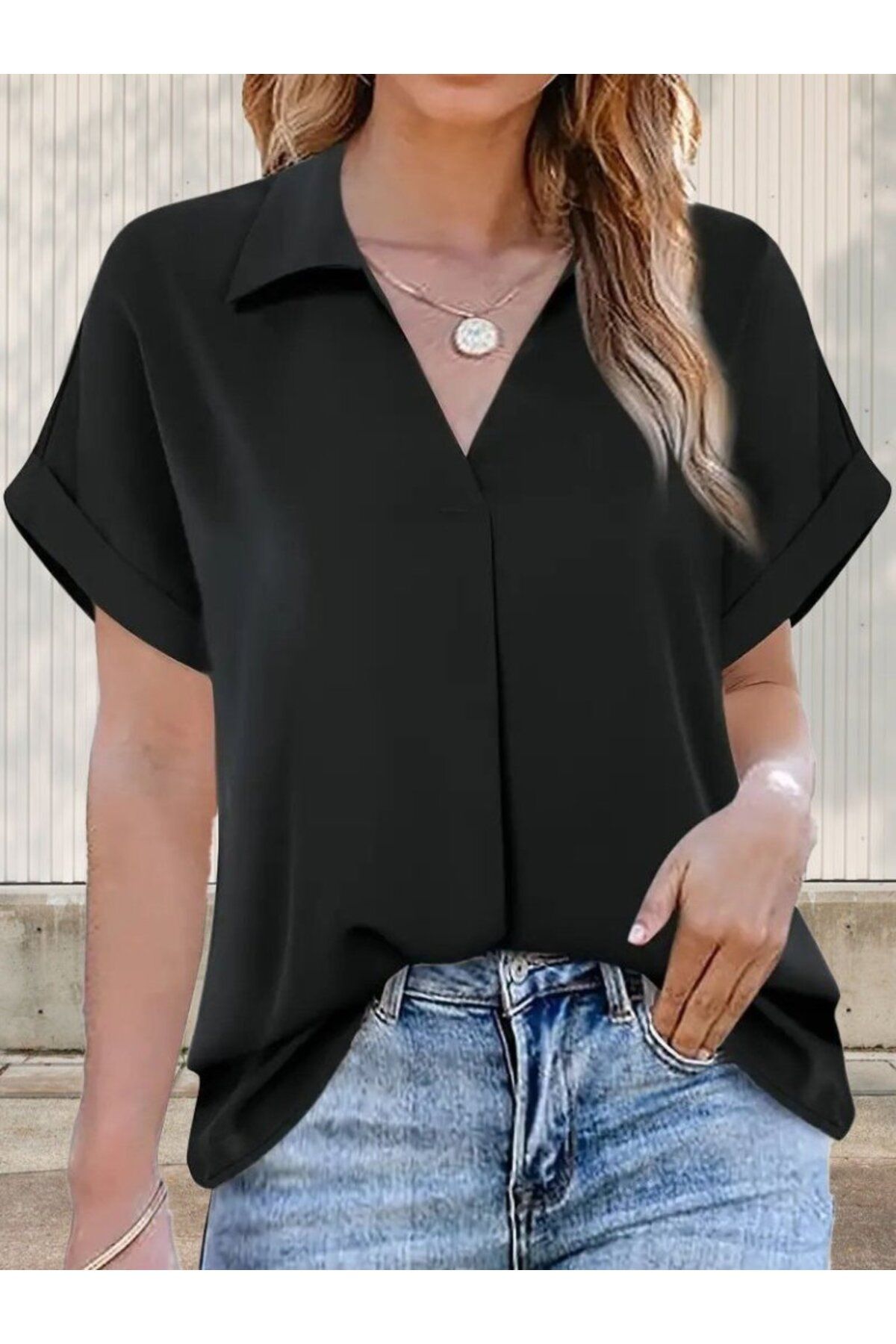 ARUZ MODA Kadın Kısa Kollu Yakalı Uzun Sandy Bluz