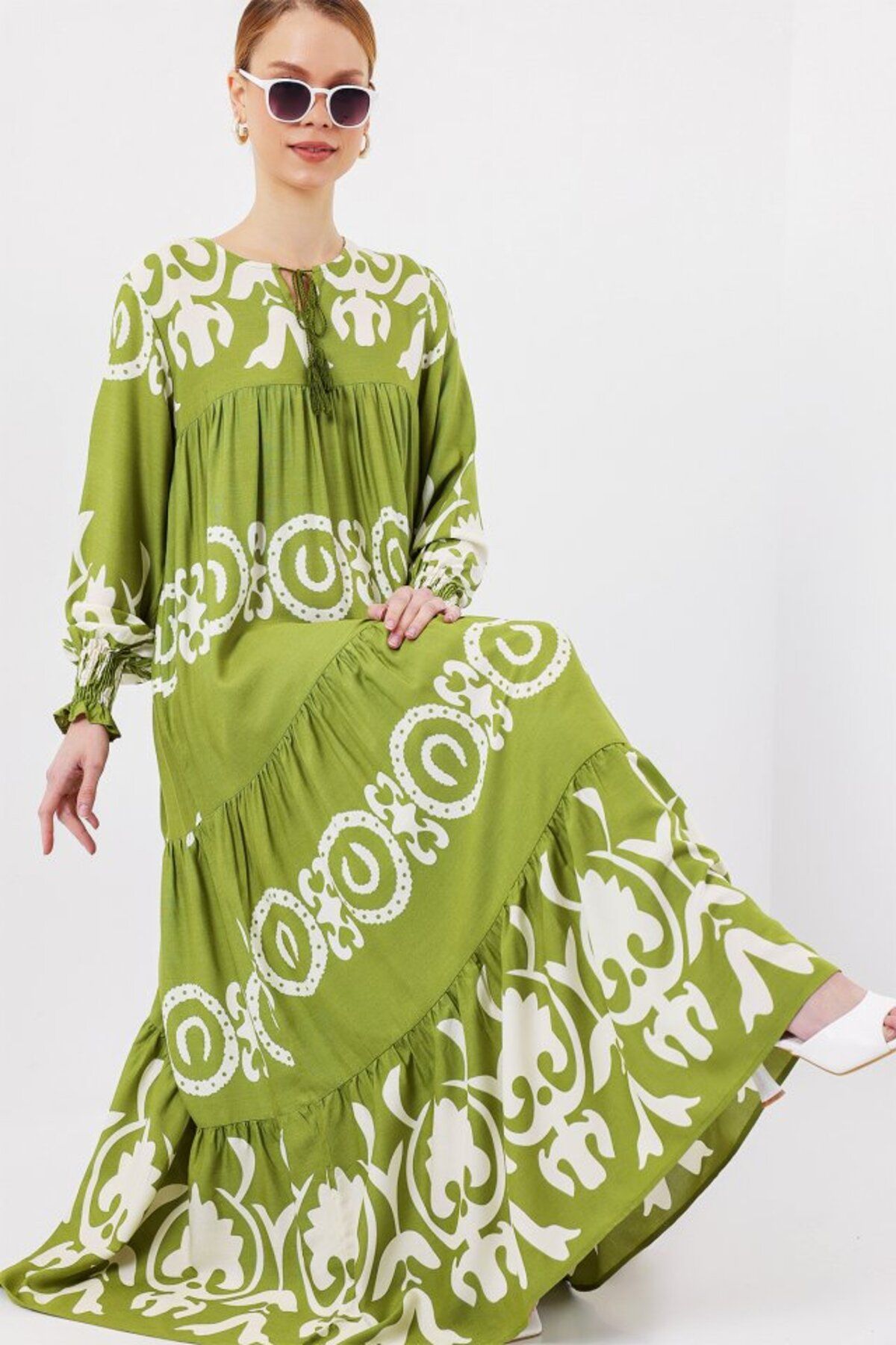 ARUZ MODA 1947 Desenli Uzun Elbise - H. Yeşil