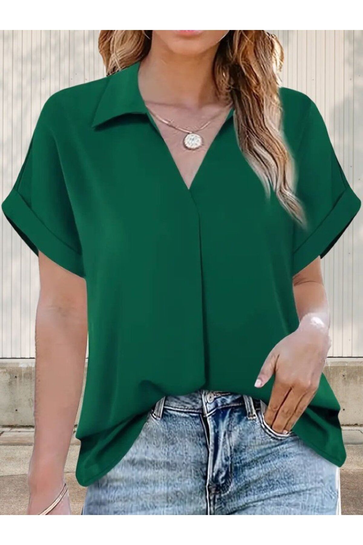 ARUZ MODA Kadın Kısa Kollu Yakalı Uzun Sandy Bluz