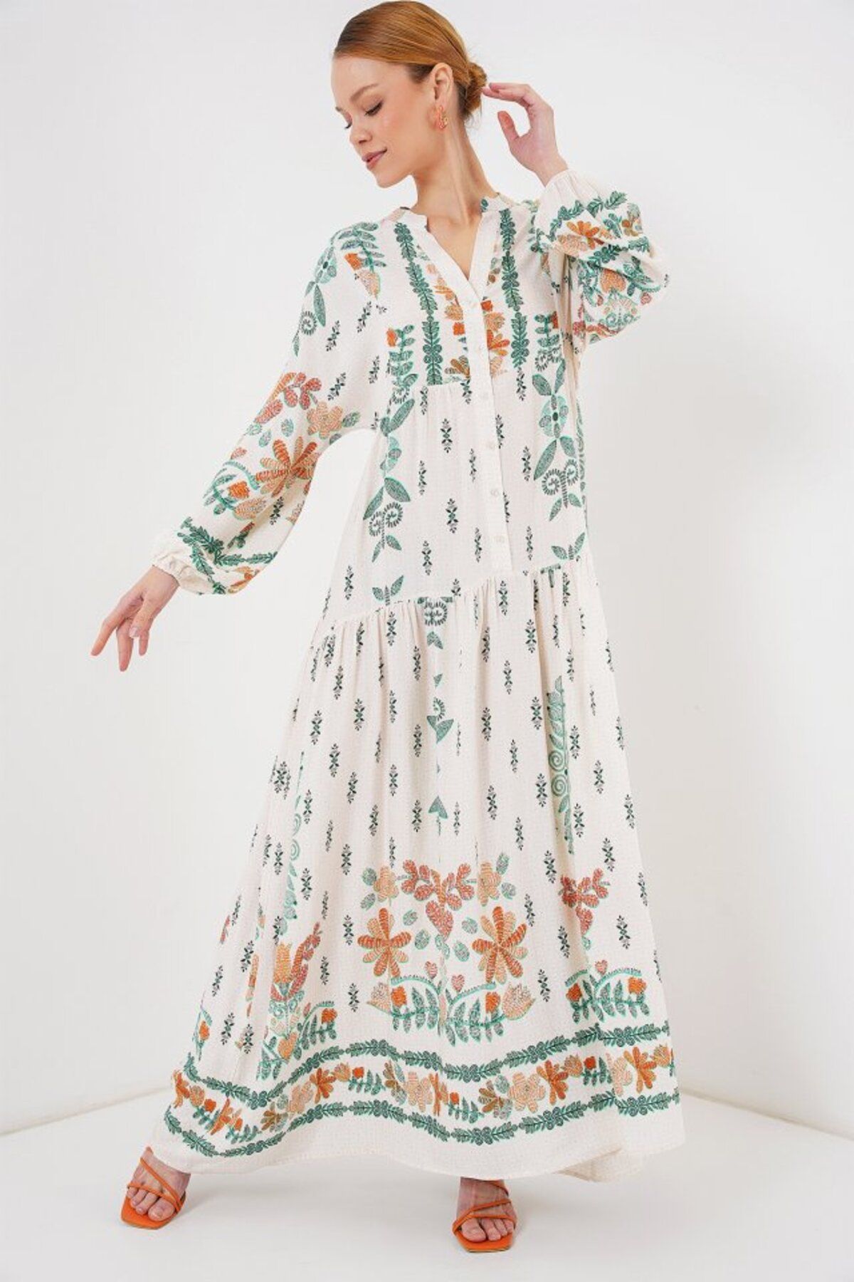 ARUZ MODA 2423 Otantik Desenli Tesettür Elbise - Yeşil 10