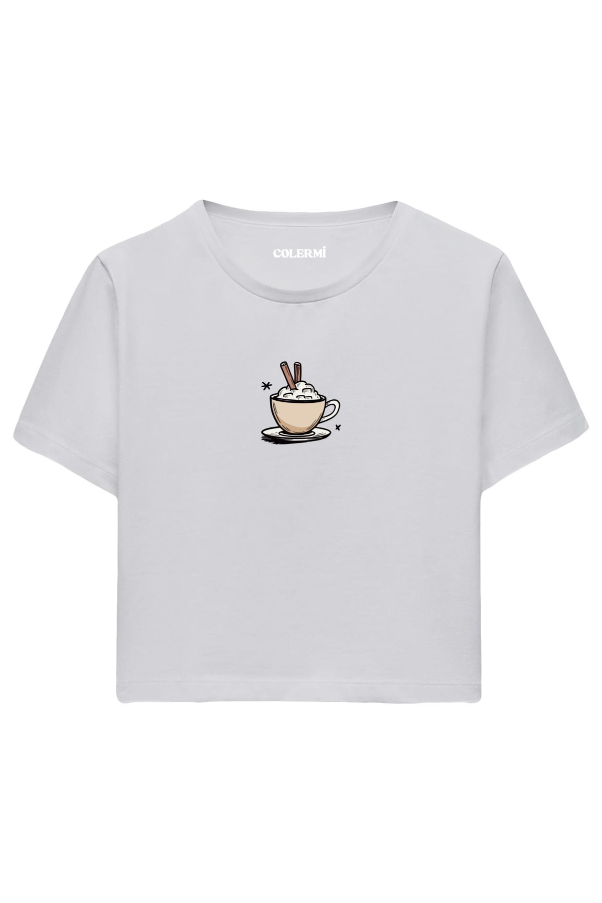 Colermi Kahve Fincanı Baskılı %100 Pamuk Kadın Crop Tshirt