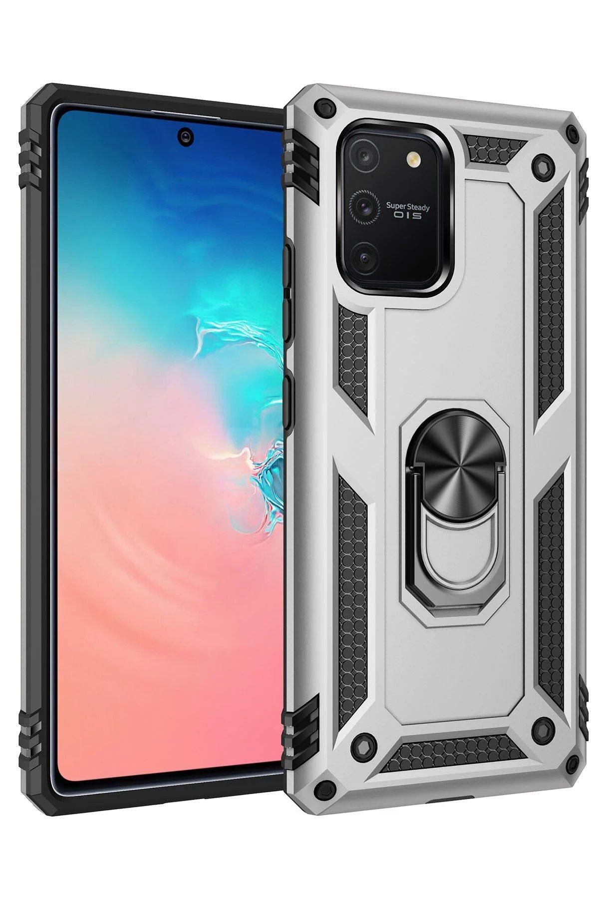 NewFace Samsung Galaxy A91 / S10 Lite Kılıf Sofya Yüzüklü Silikon Kapak - Gümüş SVLRS