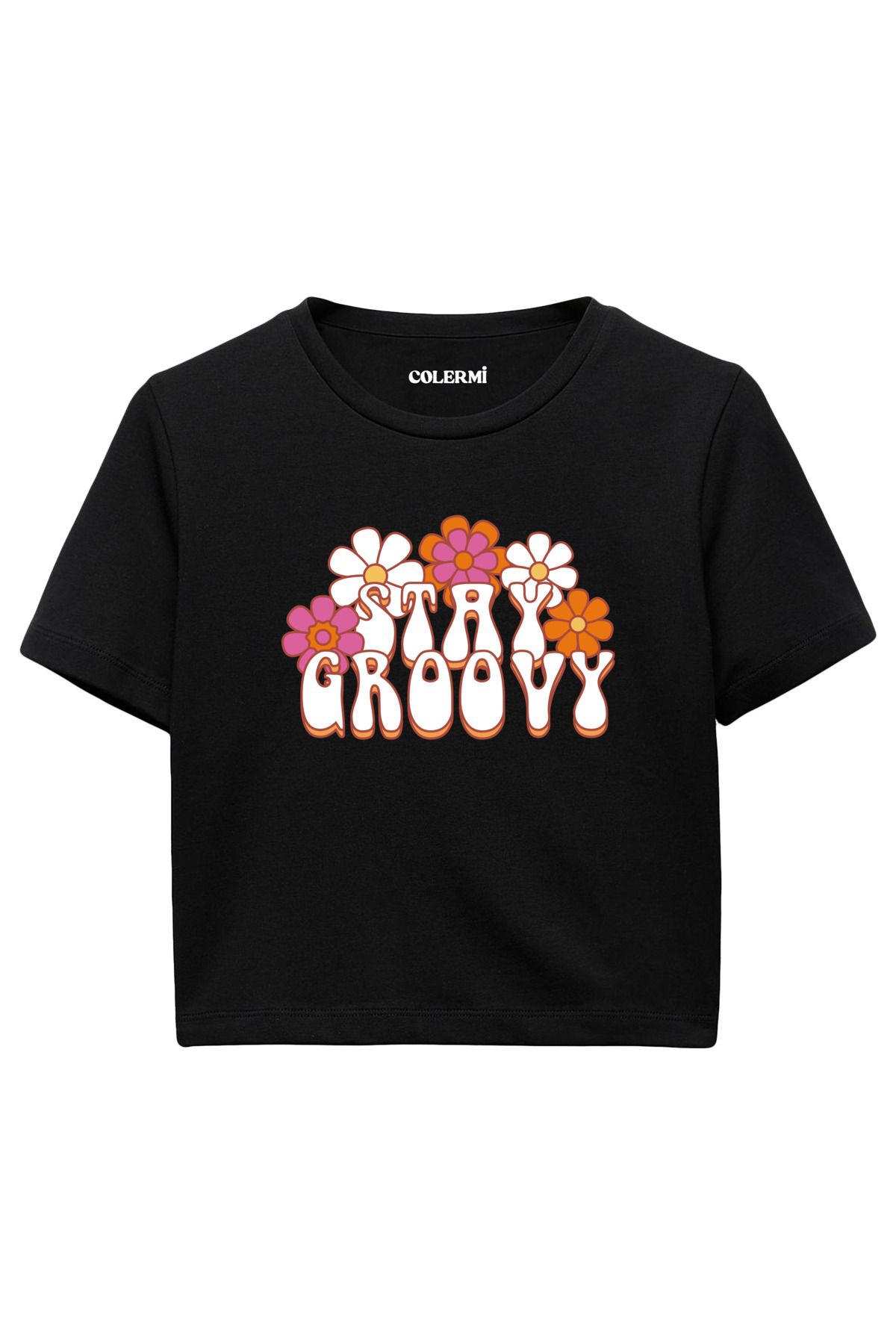 Colermi Stay Groovy Yazılı %100 Pamuk Kadın Crop Tshirt