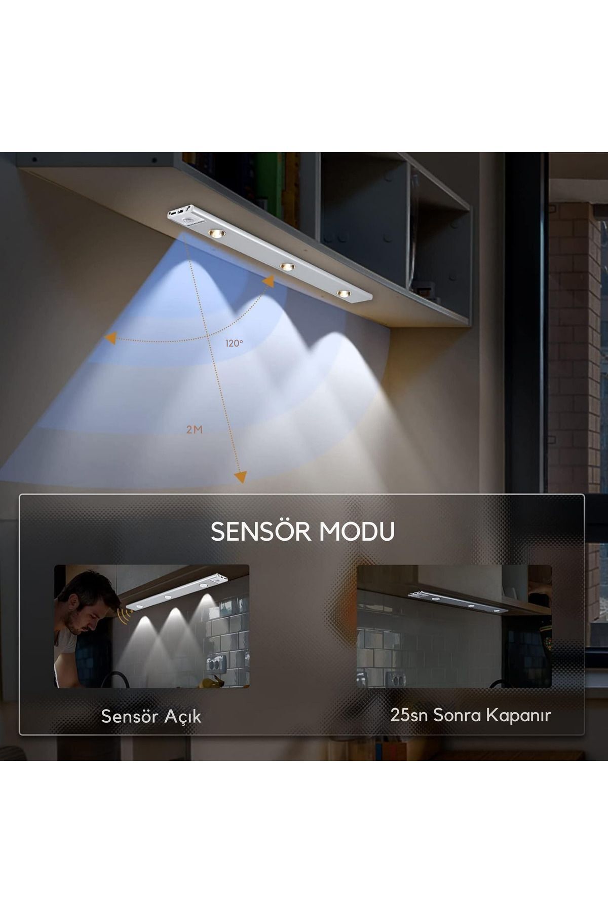Hightek Sensörlü Slim Led Yatay Bant Kabin Ve Dolap Armatürü Dekoratif Gece Lambası Şarjlı Beyaz 40cm