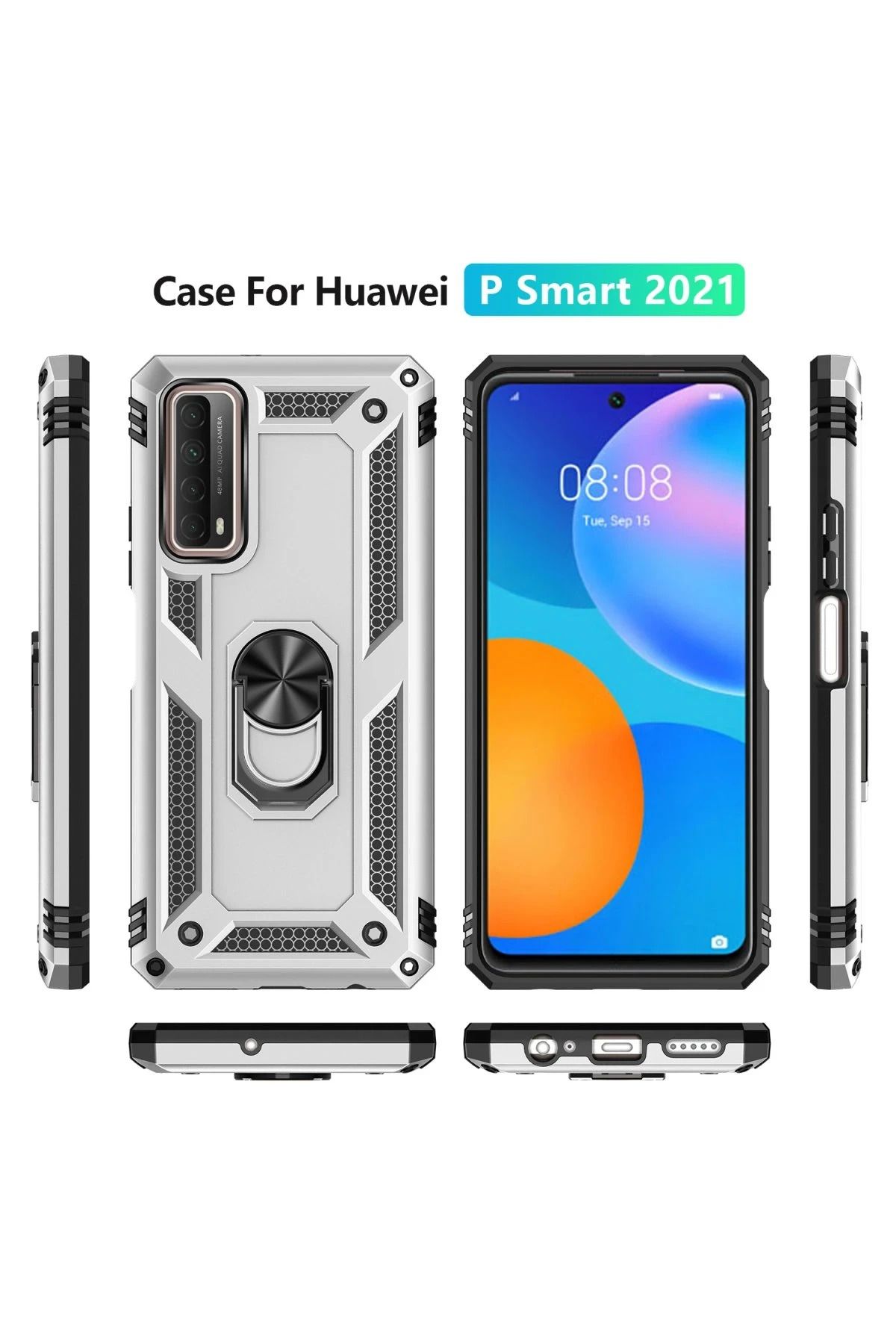 NewFace Huawei P Smart 2021 Kılıf Sofya Yüzüklü Silikon Kapak - Gümüş SVLRS