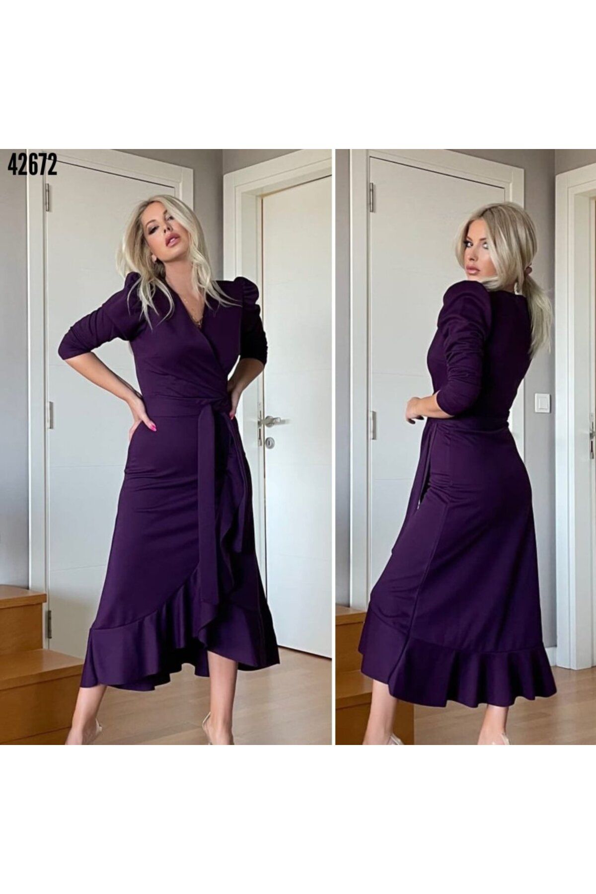 ARUZ MODA Krep Kumaş Midi Boy Kuşaklı Uzunkol Elbise