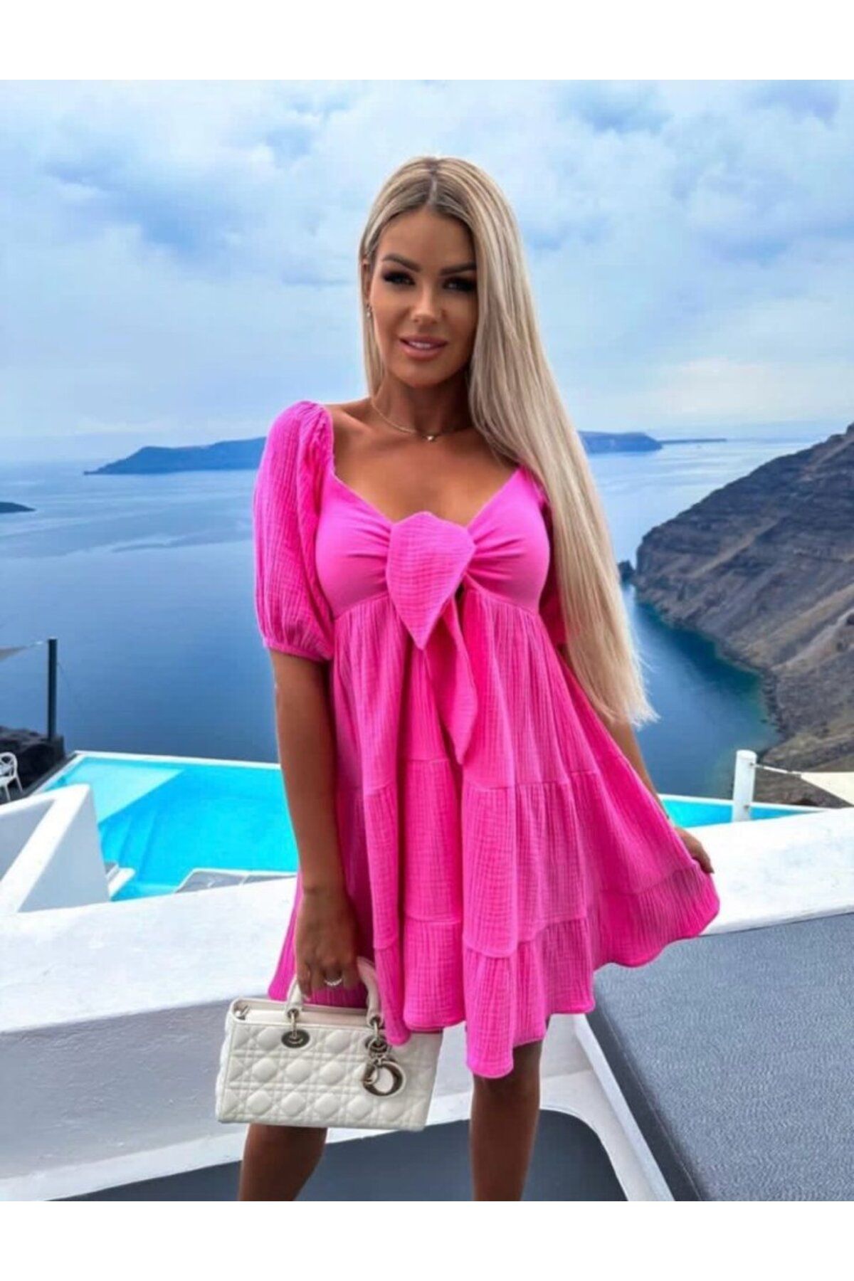ARUZ MODA Kadın Müslin Kumaş Fiyon Detay Mini Elbise