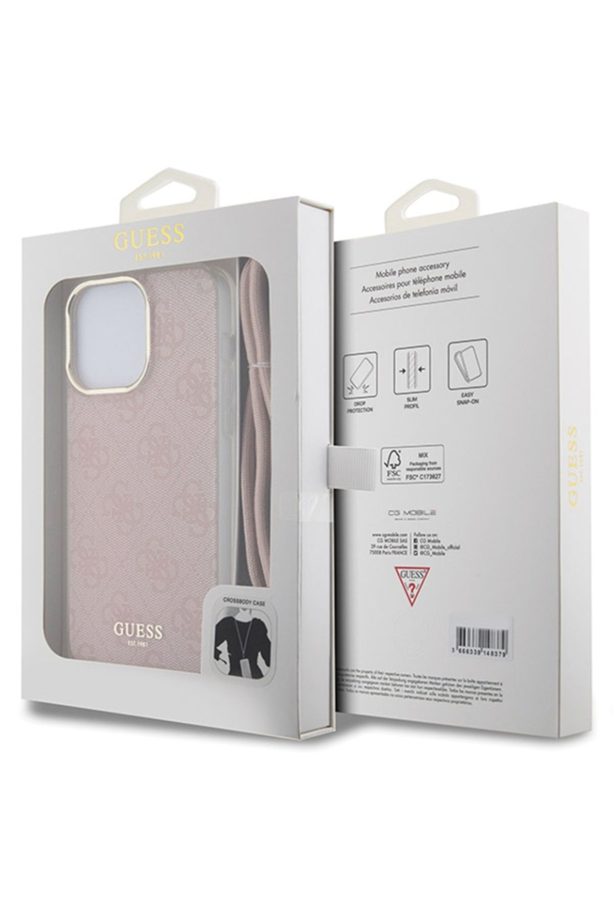 Guess-Iphone 15 Pro Max Case With Cord, Crossbody Cord 4g Print, - Pink 7